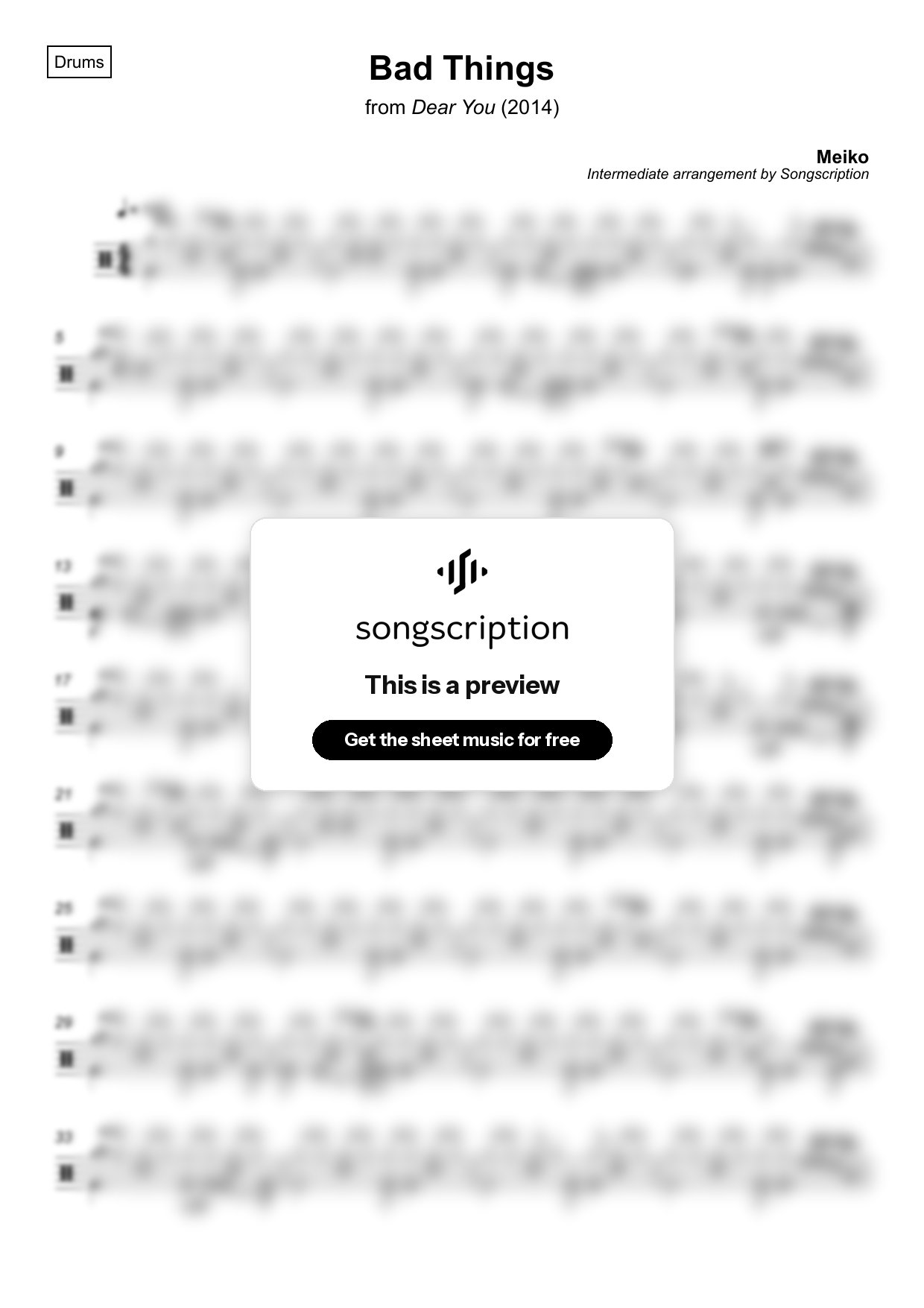 Intermediate Drums Sheet Music for "Bad Things" by Meiko