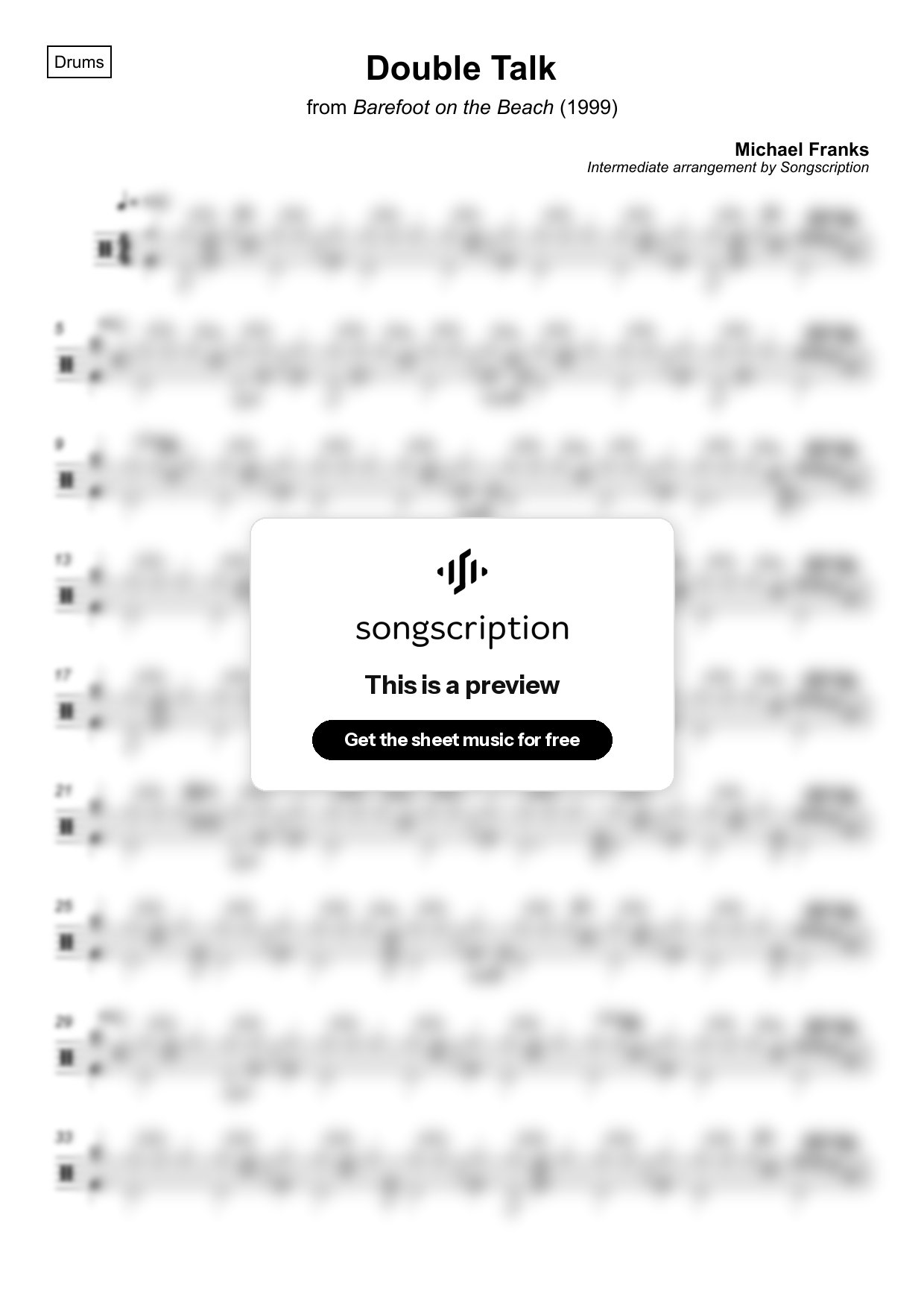 Intermediate Drums Sheet Music for "Double Talk" by Michael Franks