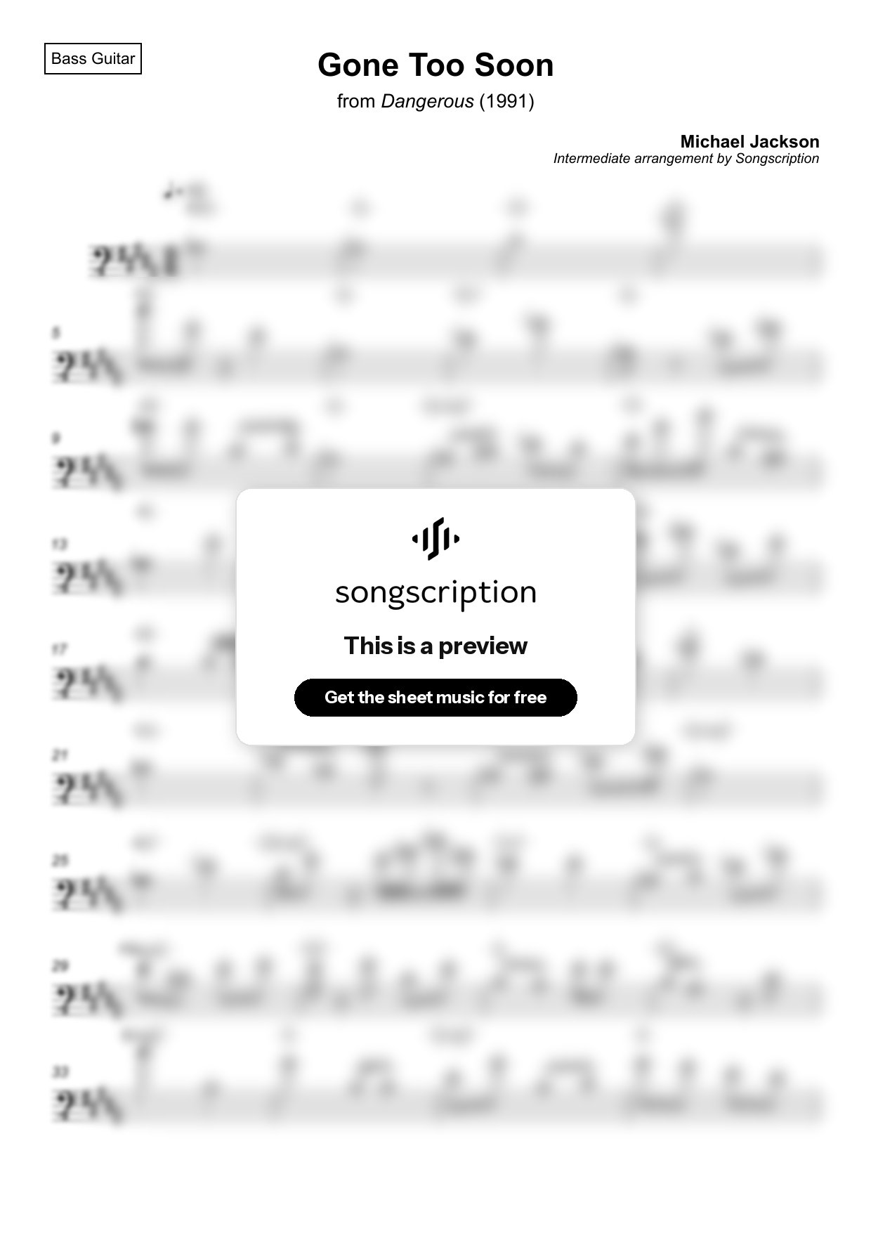 Intermediate Bass Guitar Sheet Music for "Gone Too Soon" by Michael Jackson