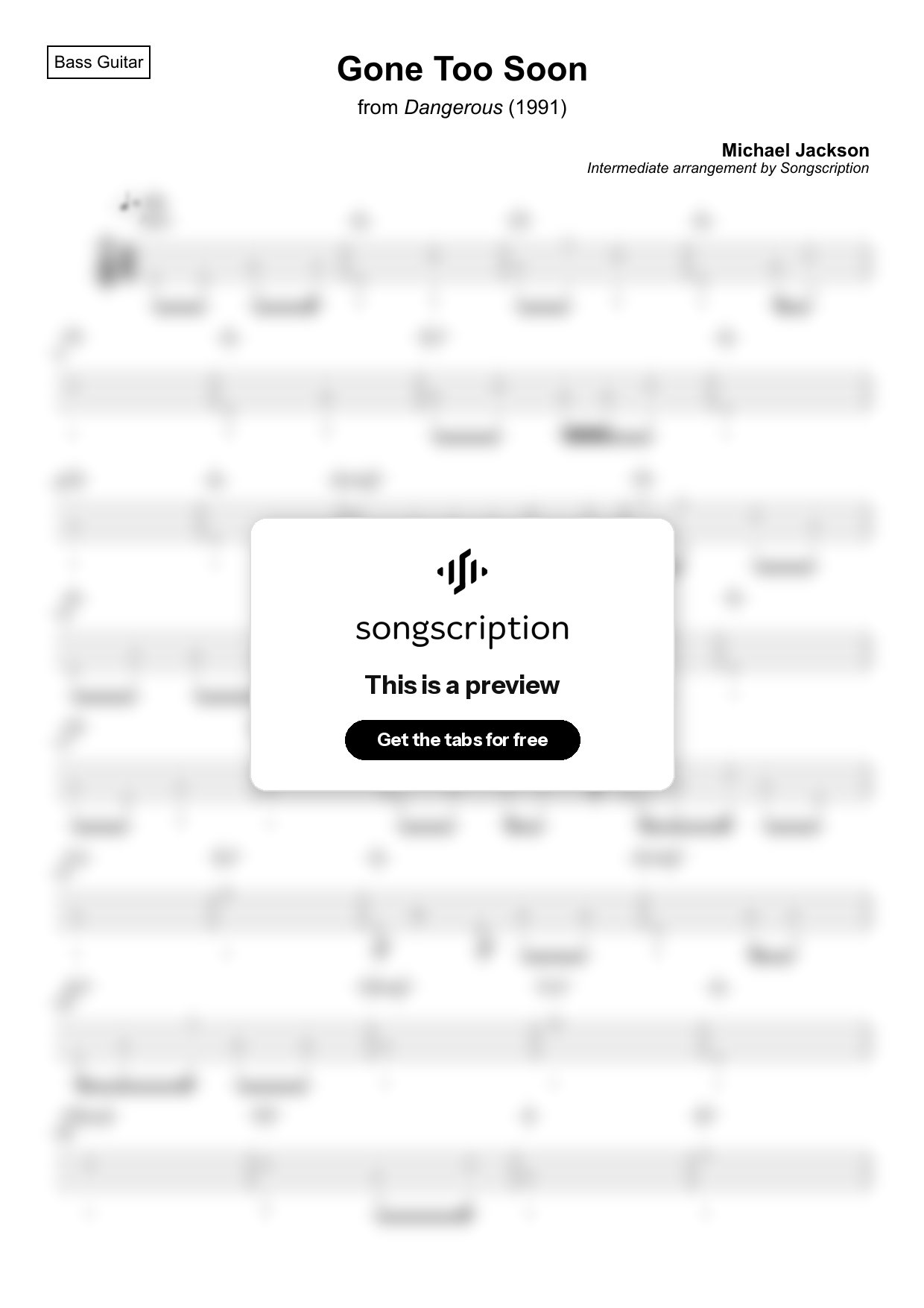 Intermediate Bass Guitar Tabs for "Gone Too Soon" by Michael Jackson