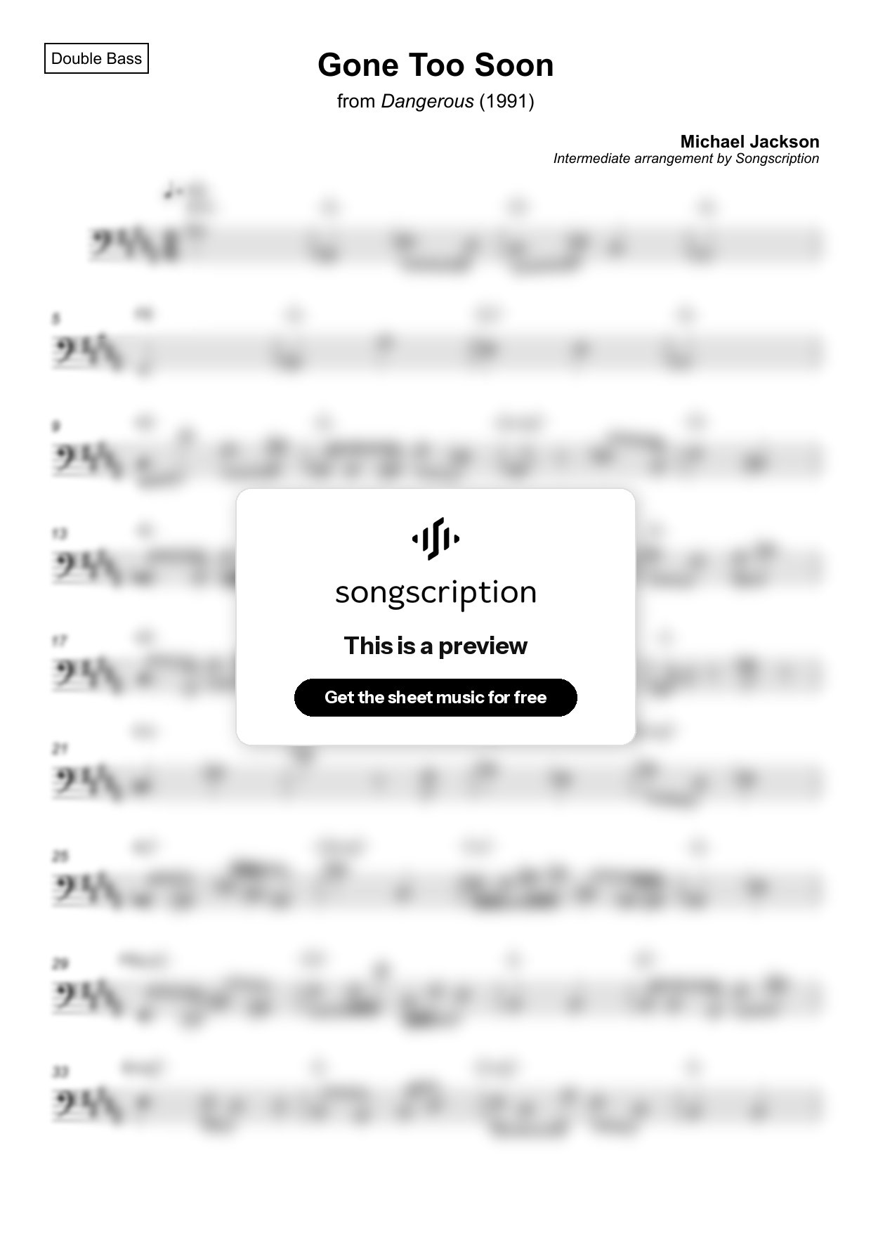 Intermediate Double Bass Sheet Music for "Gone Too Soon" by Michael Jackson