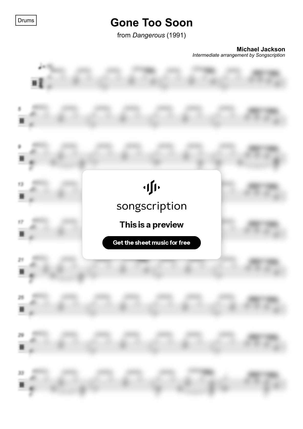 Intermediate Drums Sheet Music for "Gone Too Soon" by Michael Jackson