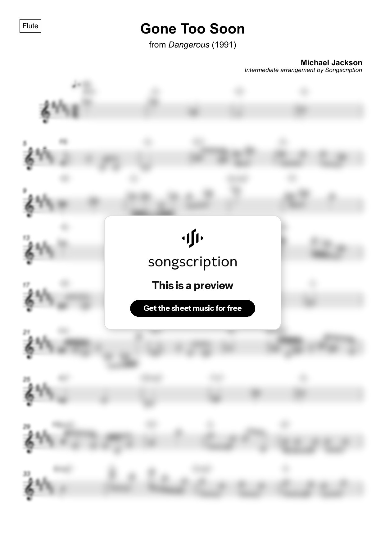 Intermediate Flute Sheet Music for "Gone Too Soon" by Michael Jackson
