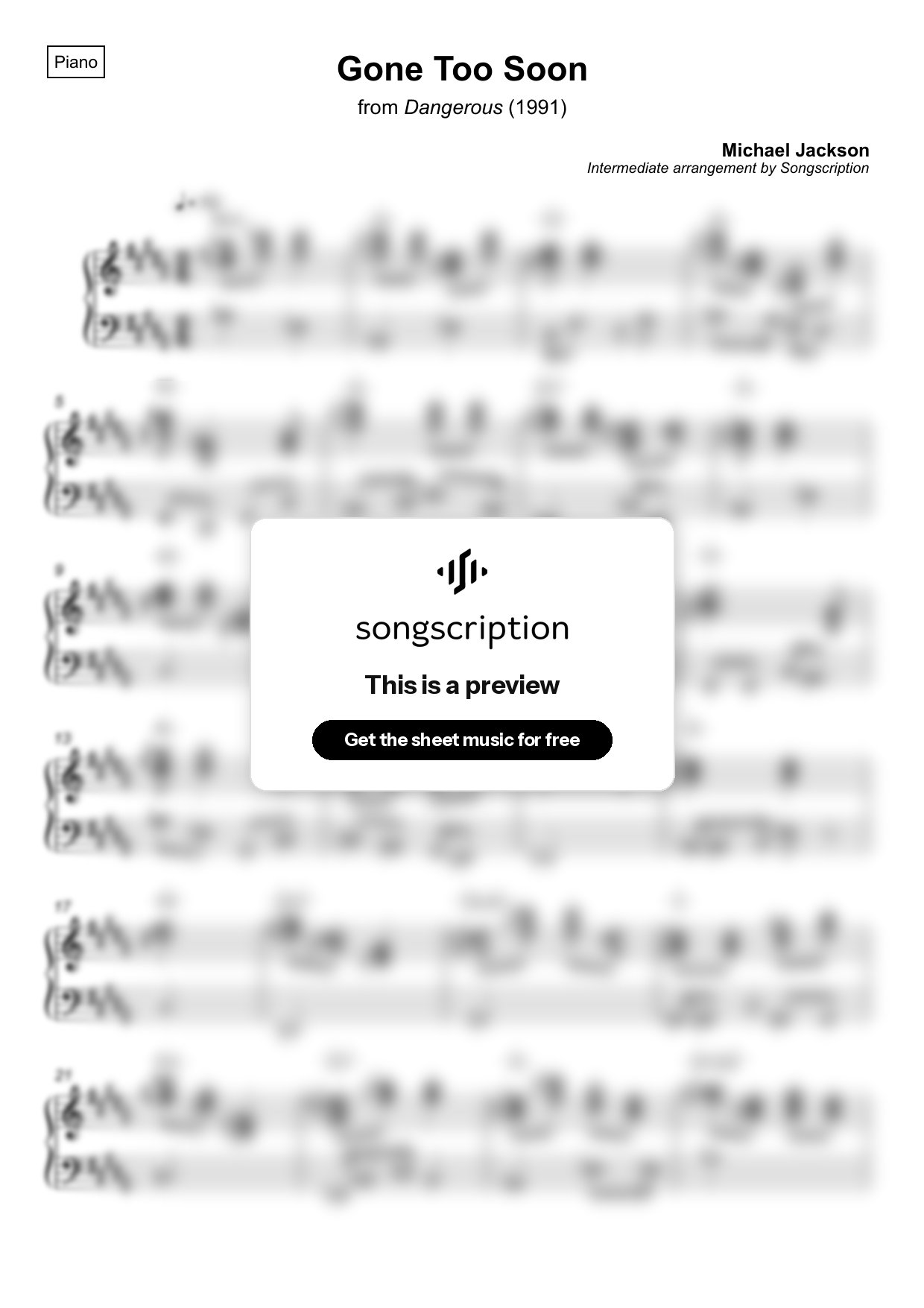 Intermediate Piano Sheet Music for "Gone Too Soon" by Michael Jackson
