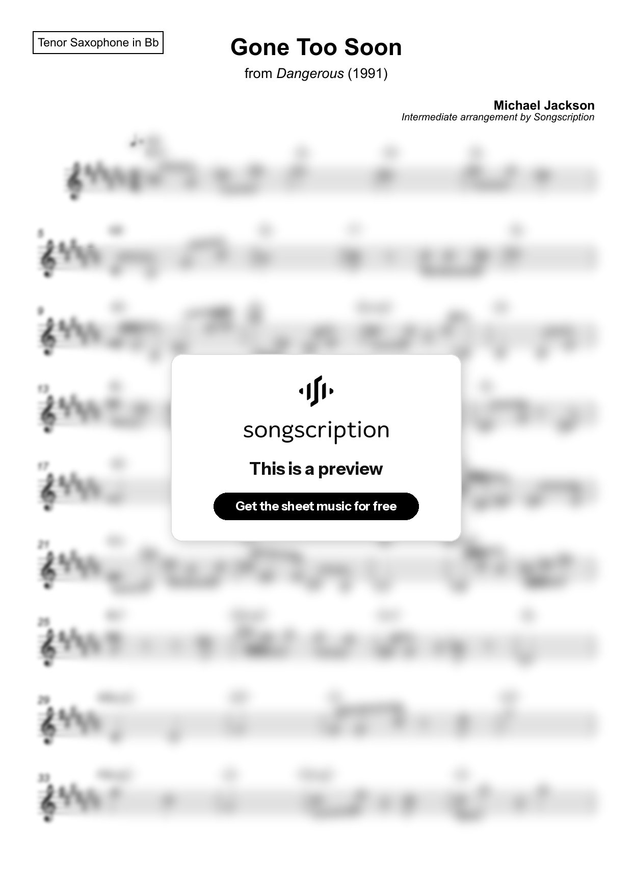 Intermediate Tenor Sax Sheet Music for "Gone Too Soon" by Michael Jackson