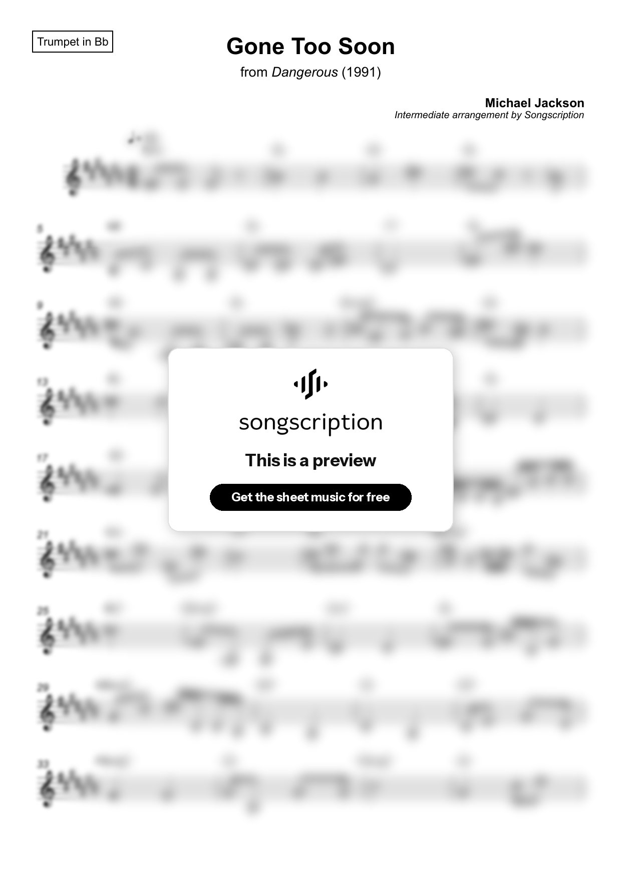 Intermediate Trumpet Sheet Music for "Gone Too Soon" by Michael Jackson