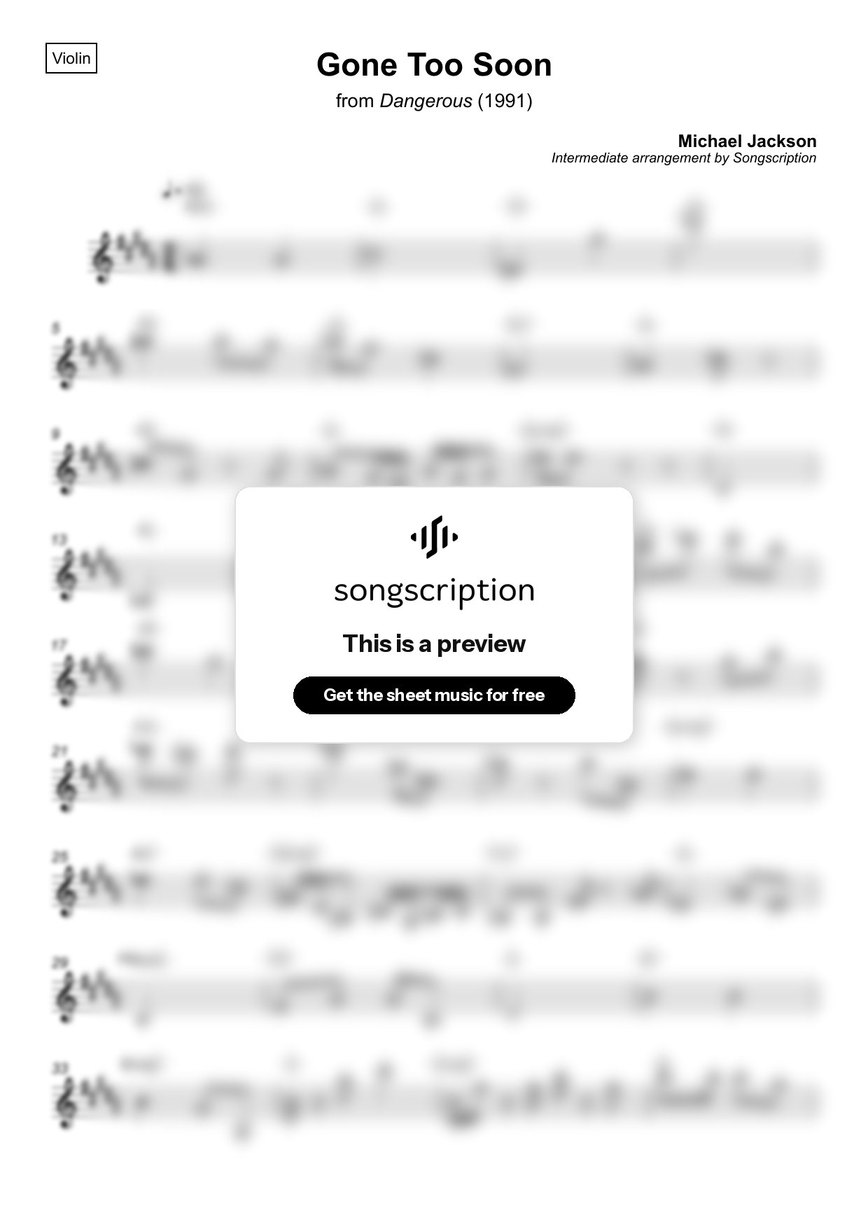 Intermediate Violin Sheet Music for "Gone Too Soon" by Michael Jackson