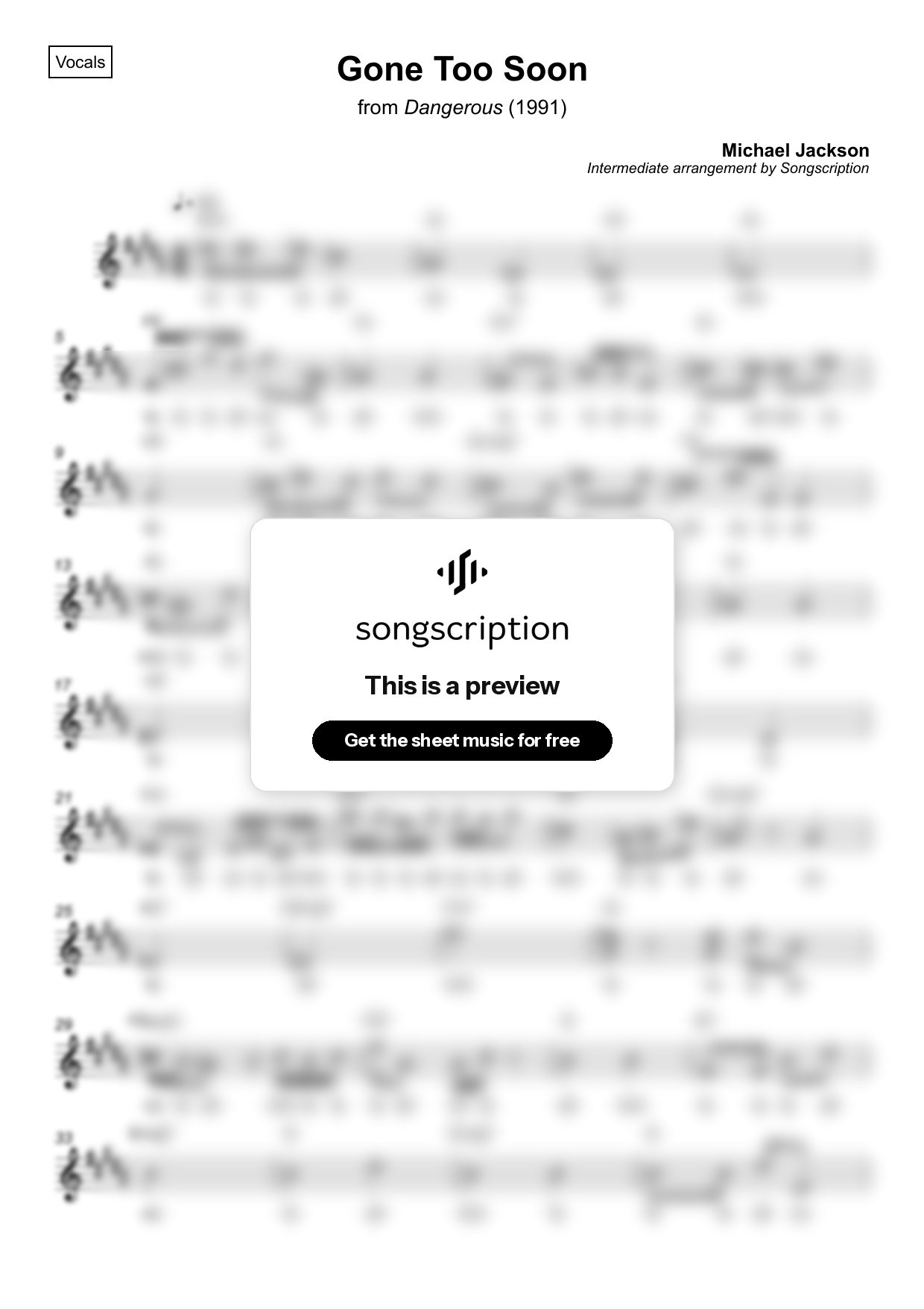 Intermediate Vocals Sheet Music for "Gone Too Soon" by Michael Jackson