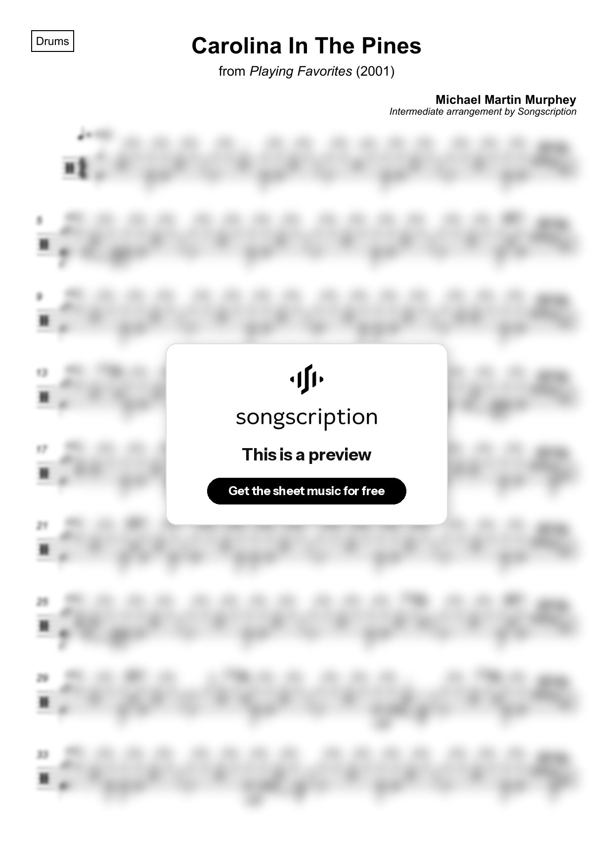 Intermediate Drums Sheet Music for "Carolina In The Pines" by Michael Martin Murphey