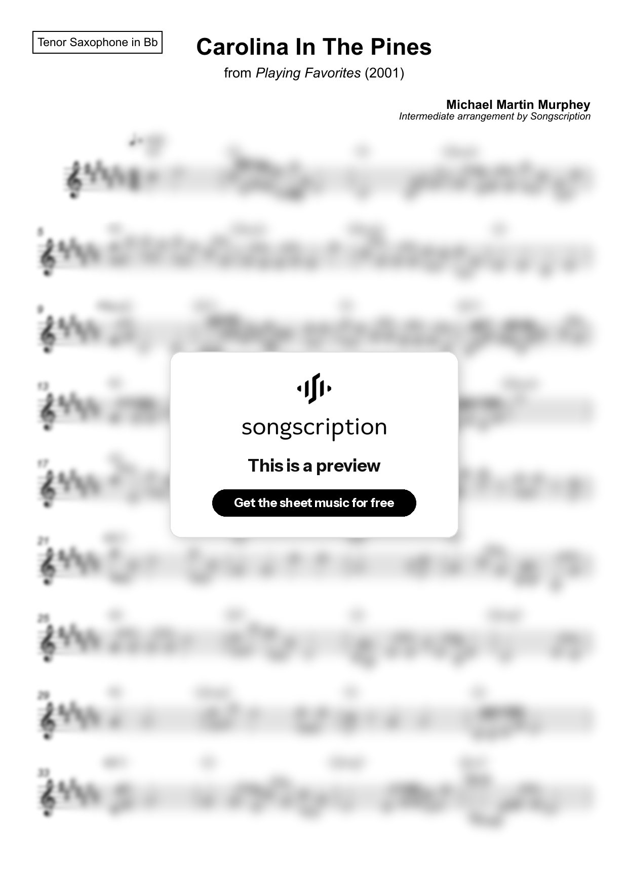 Intermediate Tenor Sax Sheet Music for "Carolina In The Pines" by Michael Martin Murphey
