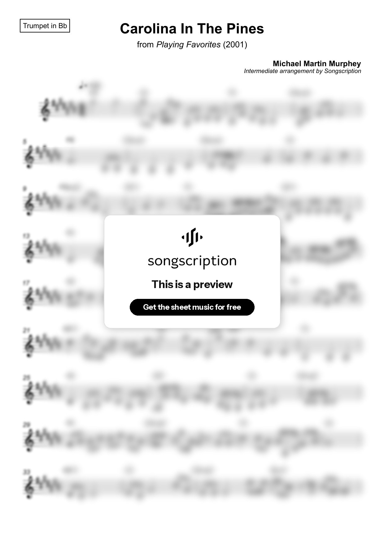 Intermediate Trumpet Sheet Music for "Carolina In The Pines" by Michael Martin Murphey