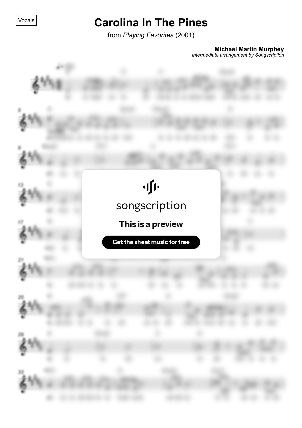 Intermediate Vocals Sheet Music for "Carolina In The Pines" by Michael Martin Murphey