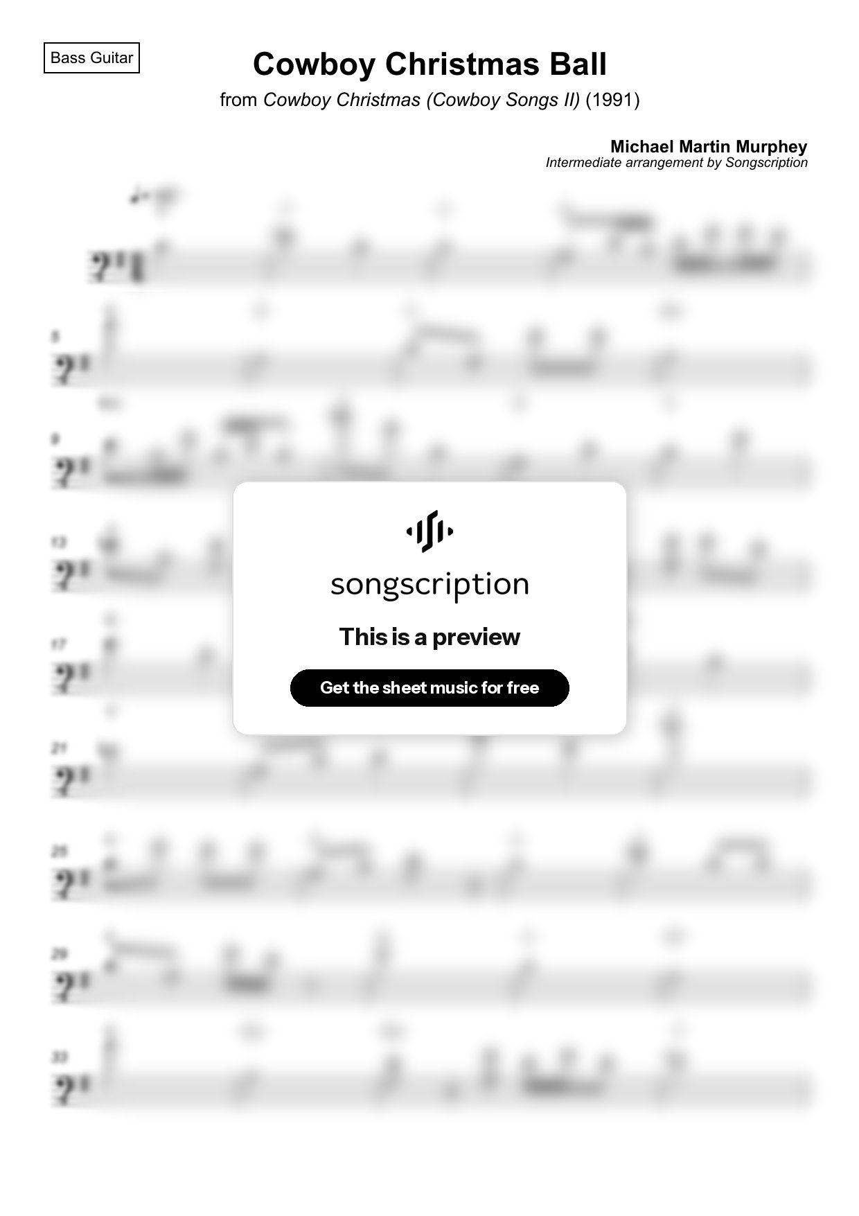 Intermediate Bass Guitar Sheet Music for "Cowboy Christmas Ball" by Michael Martin Murphey