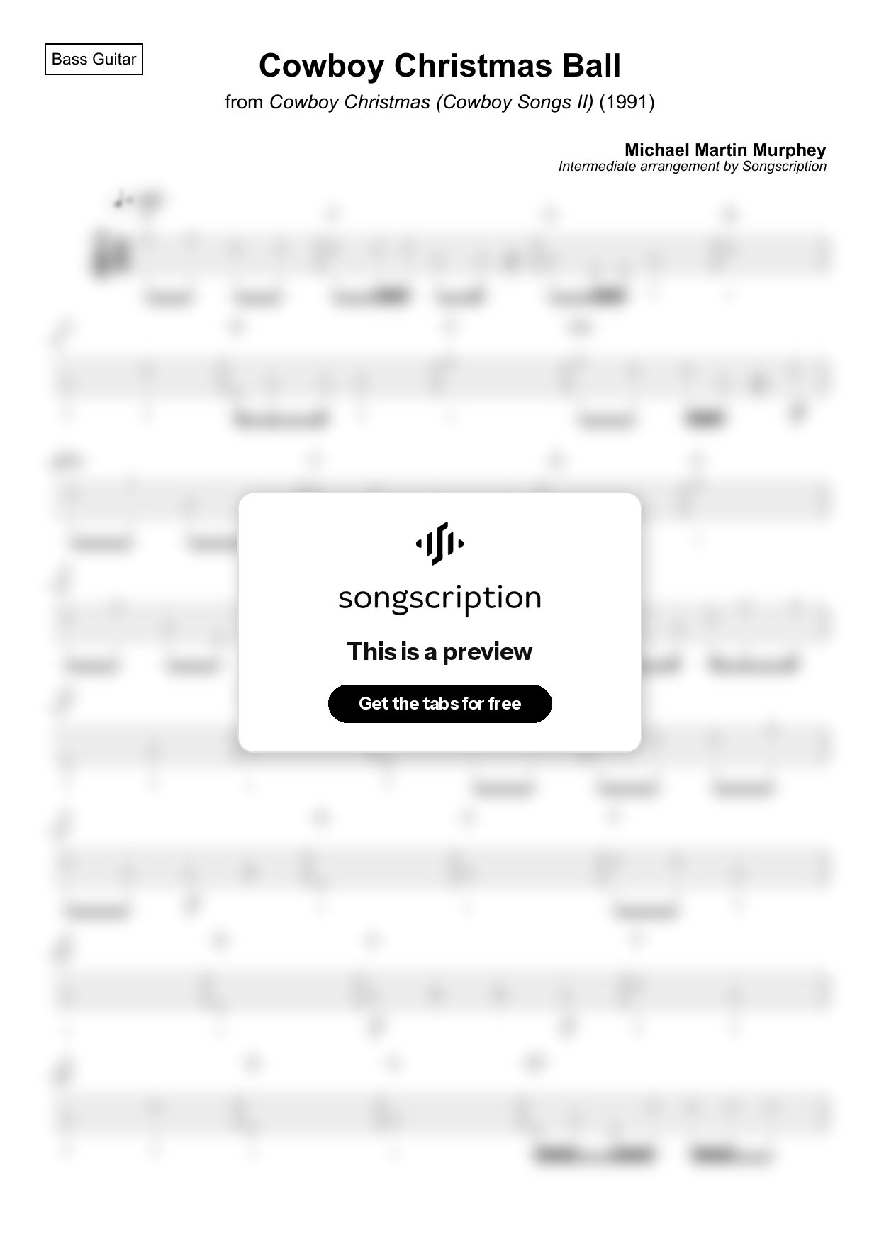 Intermediate Bass Guitar Tabs for "Cowboy Christmas Ball" by Michael Martin Murphey