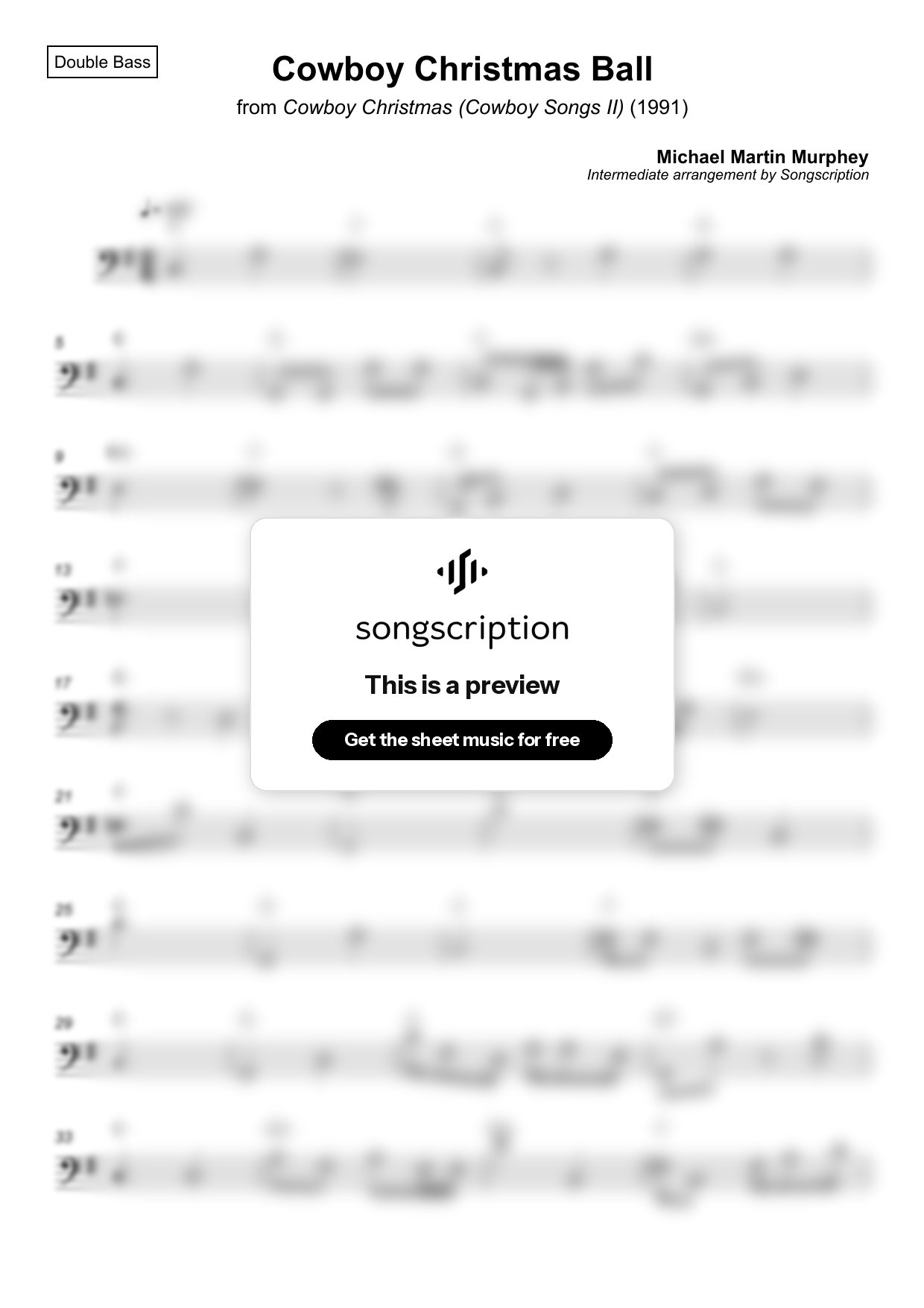 Intermediate Double Bass Sheet Music for "Cowboy Christmas Ball" by Michael Martin Murphey