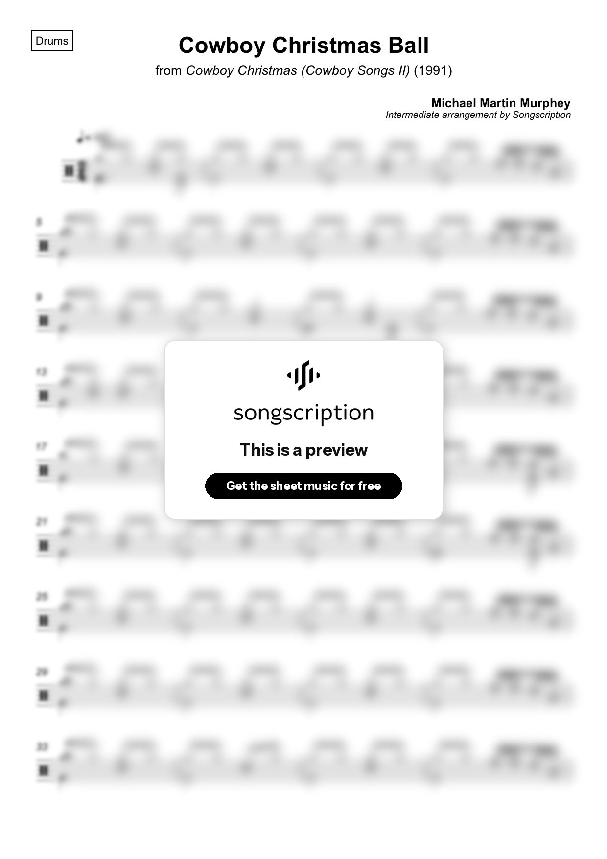 Intermediate Drums Sheet Music for "Cowboy Christmas Ball" by Michael Martin Murphey