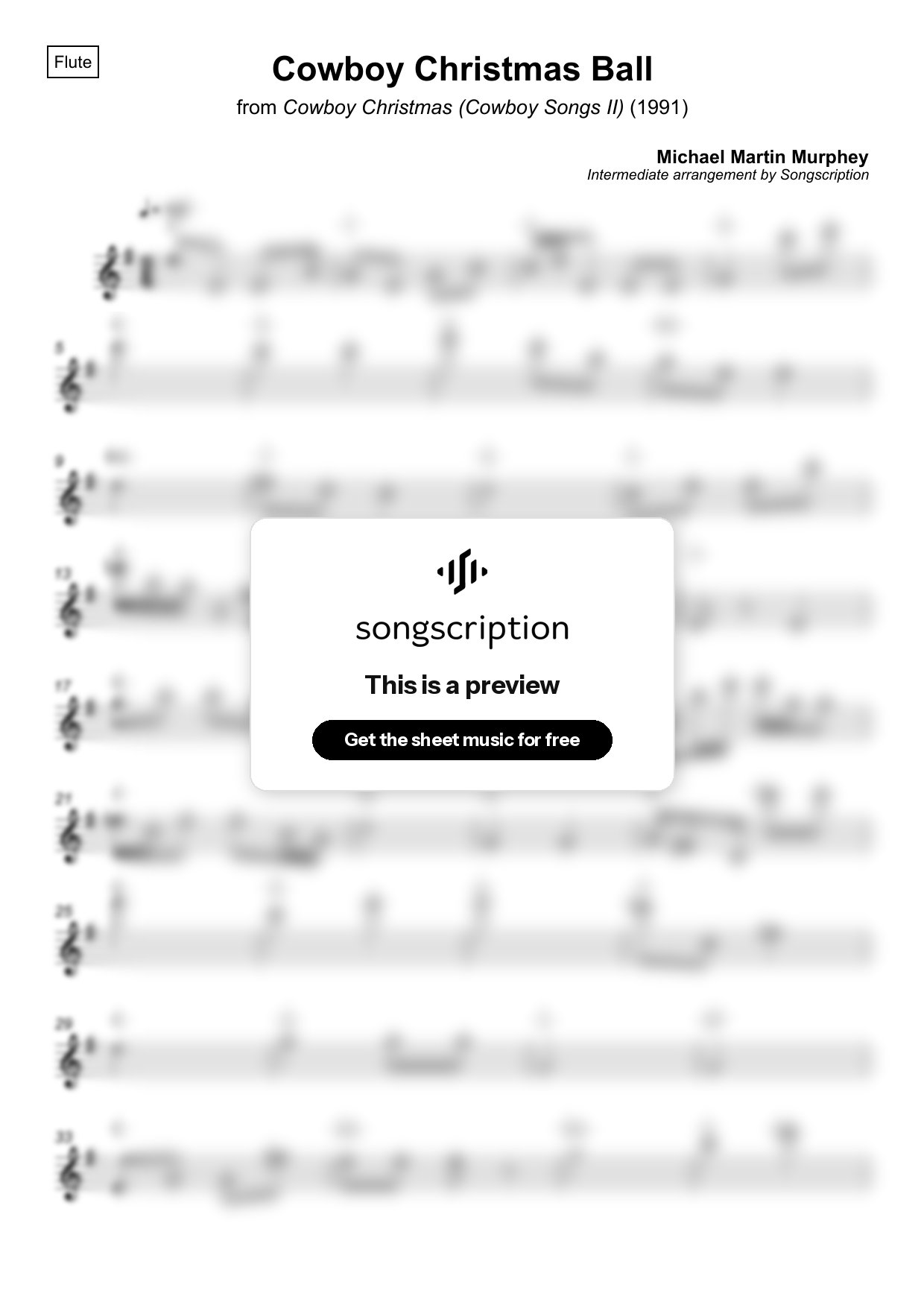 Intermediate Flute Sheet Music for "Cowboy Christmas Ball" by Michael Martin Murphey