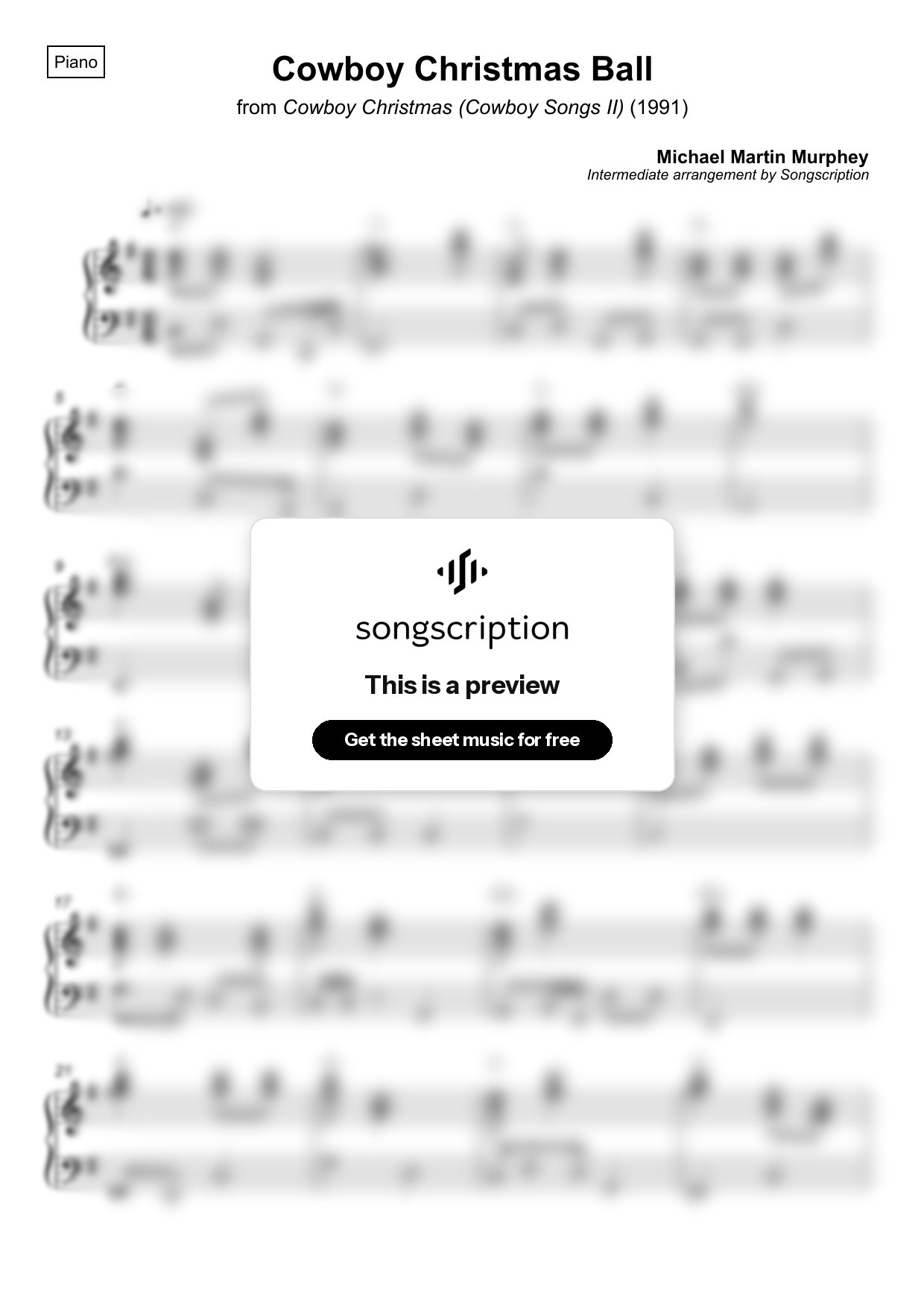Intermediate Piano Sheet Music for "Cowboy Christmas Ball" by Michael Martin Murphey