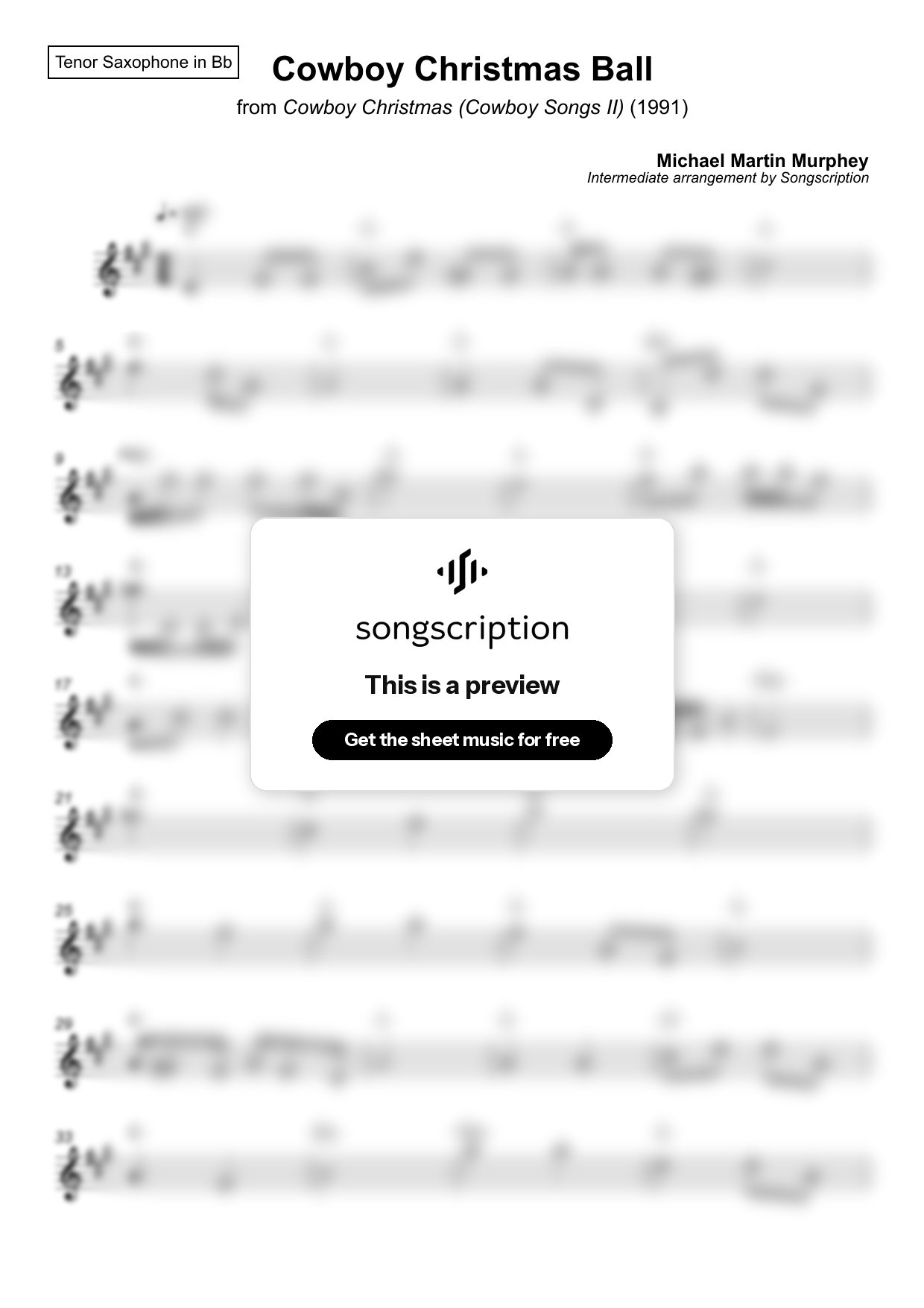 Intermediate Tenor Sax Sheet Music for "Cowboy Christmas Ball" by Michael Martin Murphey
