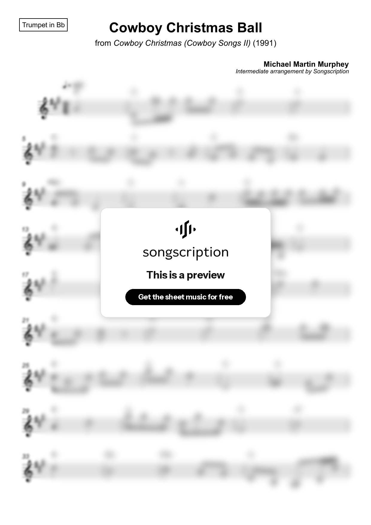 Intermediate Trumpet Sheet Music for "Cowboy Christmas Ball" by Michael Martin Murphey