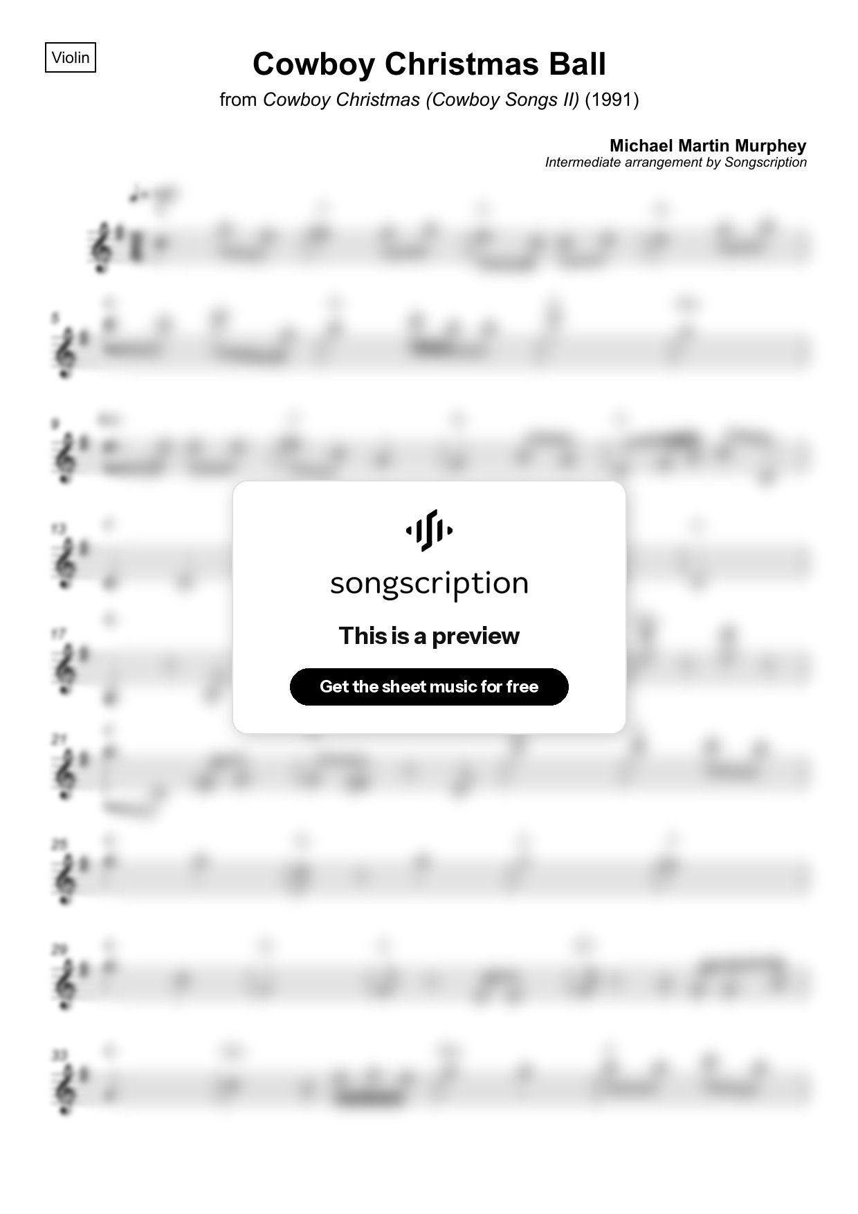 Intermediate Violin Sheet Music for "Cowboy Christmas Ball" by Michael Martin Murphey