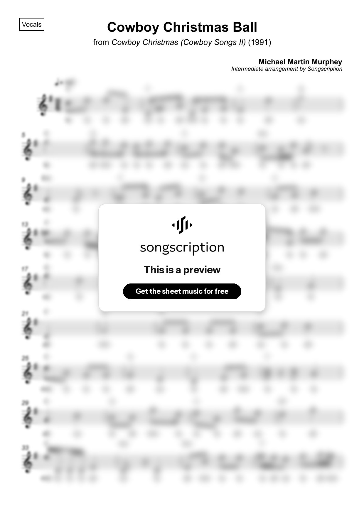 Intermediate Vocals Sheet Music for "Cowboy Christmas Ball" by Michael Martin Murphey