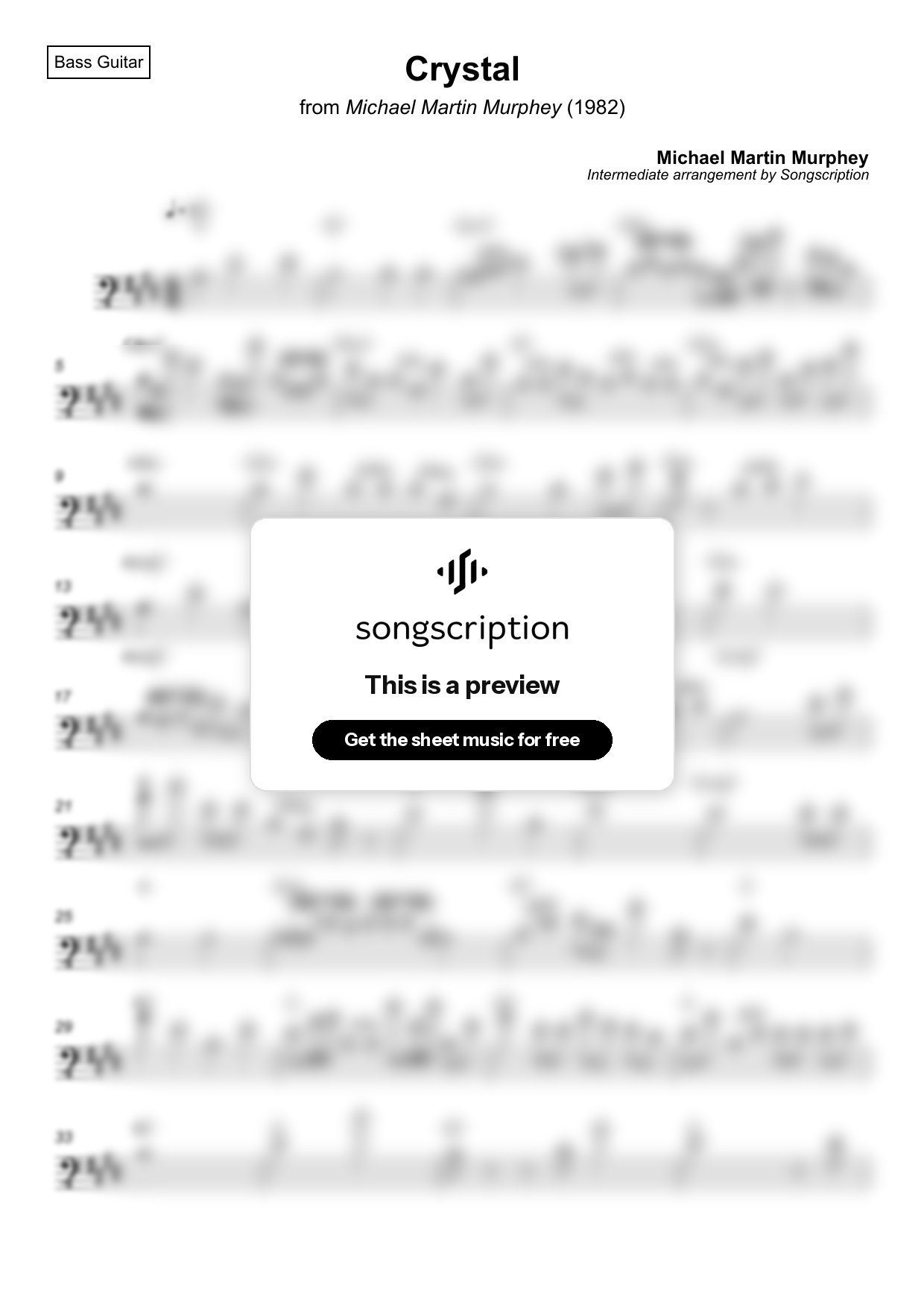 Intermediate Bass Guitar Sheet Music for "Crystal" by Michael Martin Murphey