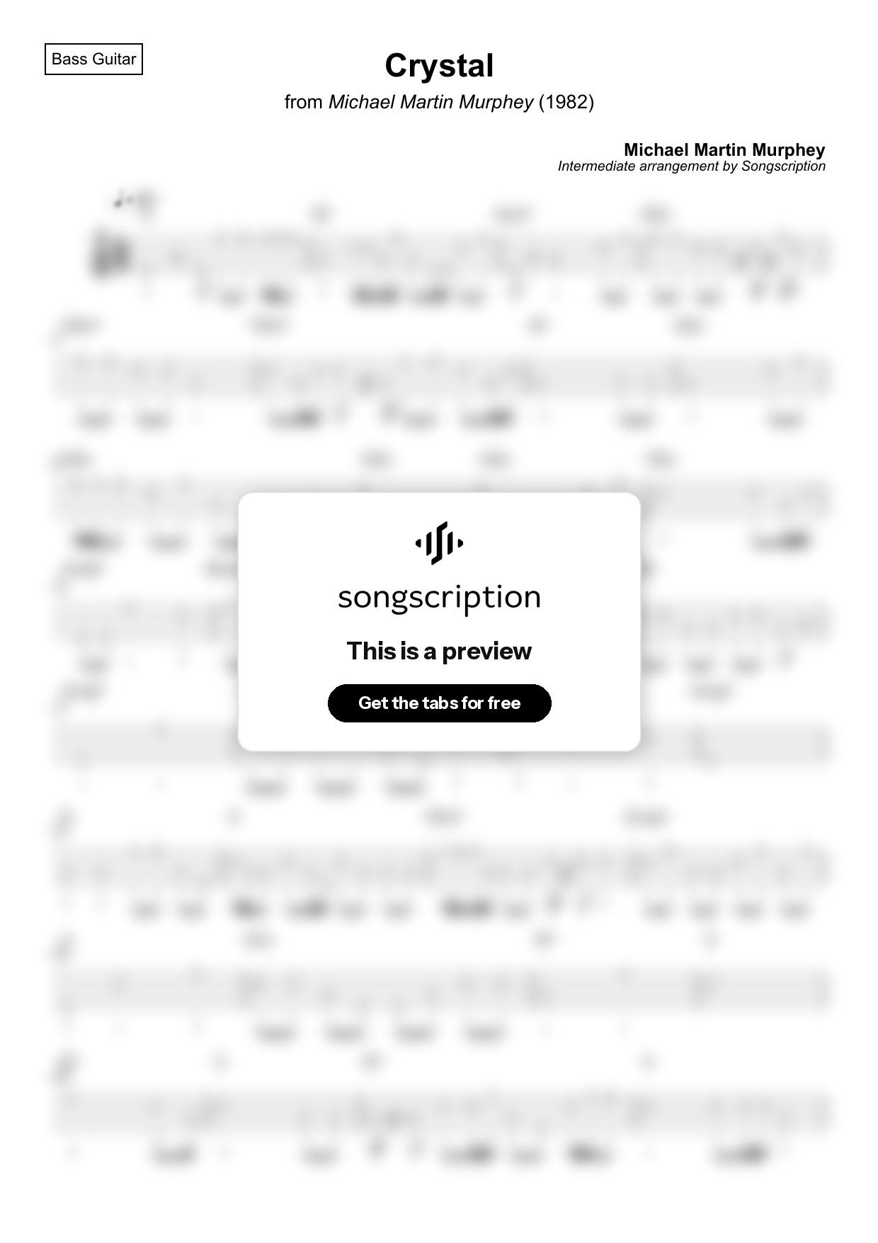 Intermediate Bass Guitar Tabs for "Crystal" by Michael Martin Murphey