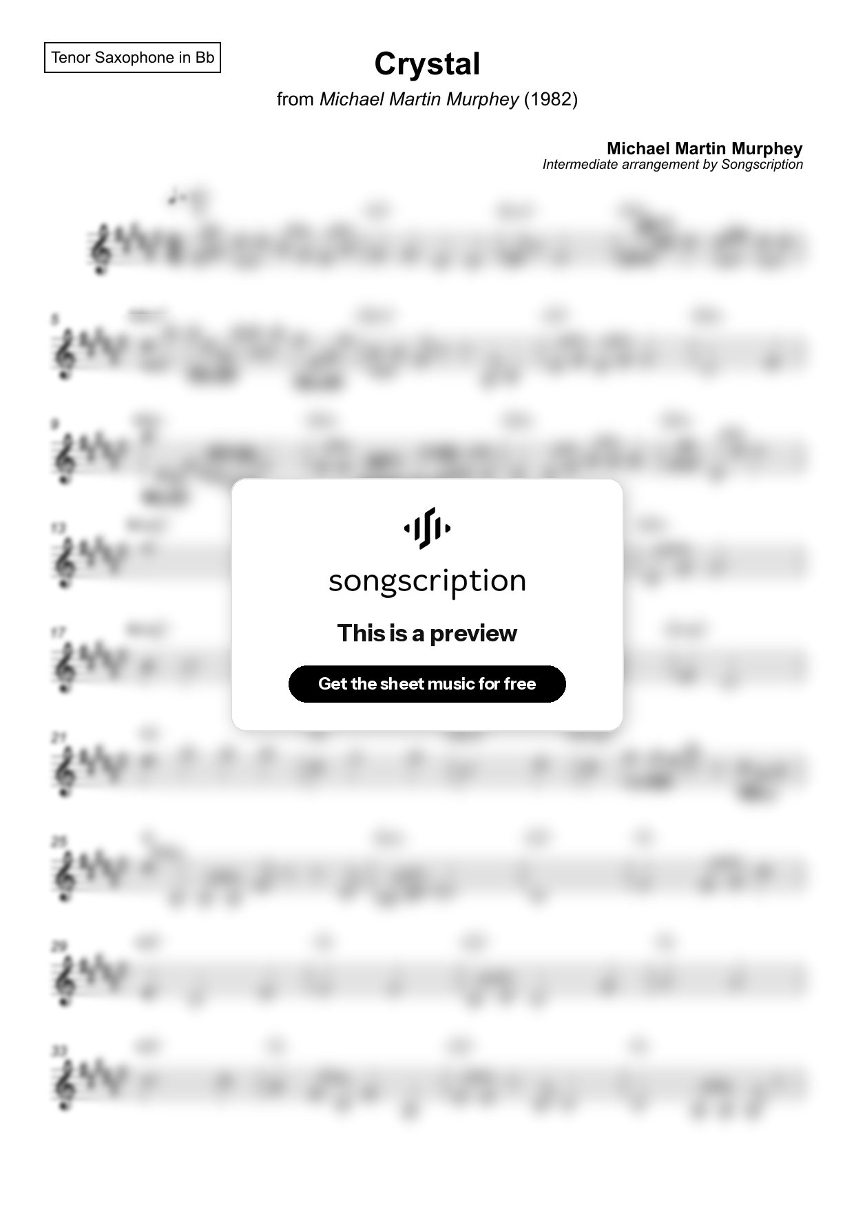 Intermediate Tenor Sax Sheet Music for "Crystal" by Michael Martin Murphey