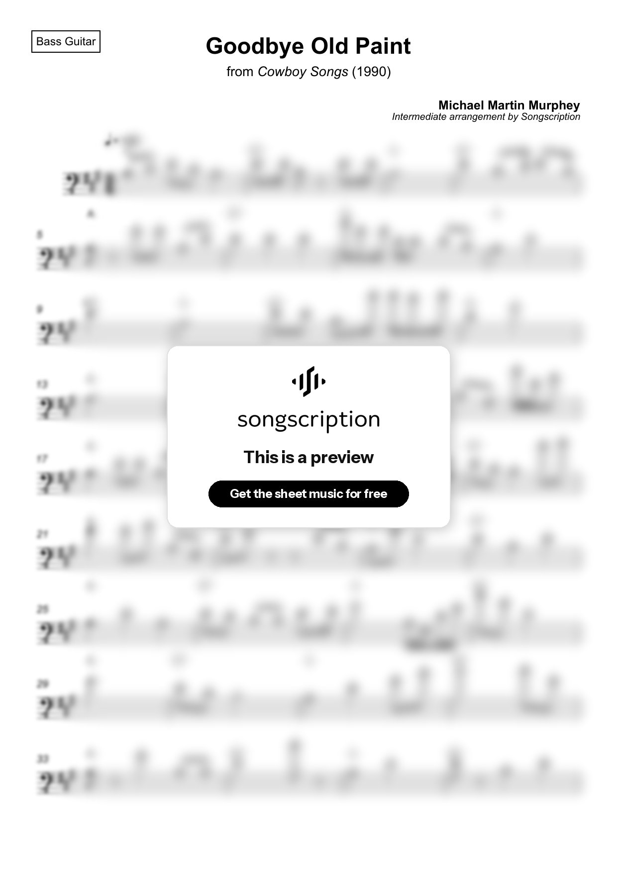 Intermediate Bass Guitar Sheet Music for "Goodbye Old Paint" by Michael Martin Murphey
