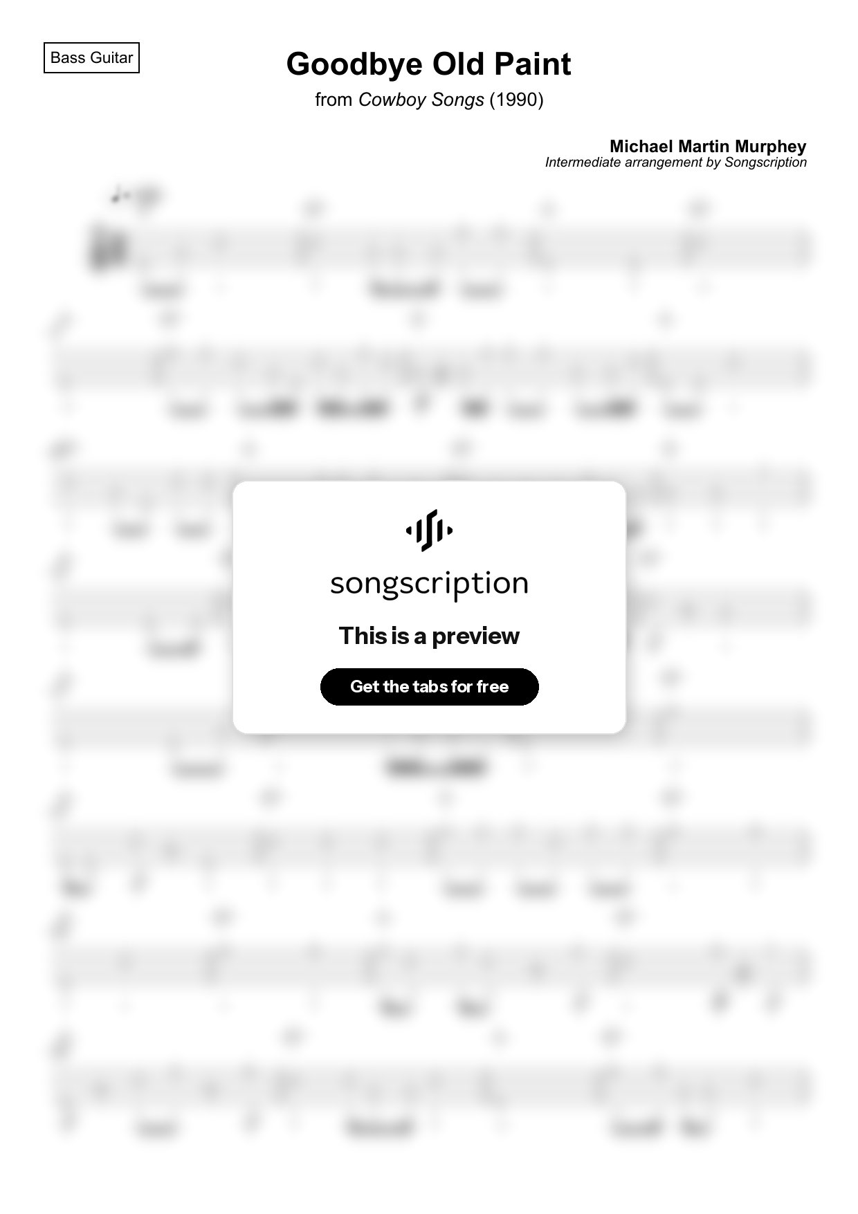 Intermediate Bass Guitar Tabs for "Goodbye Old Paint" by Michael Martin Murphey
