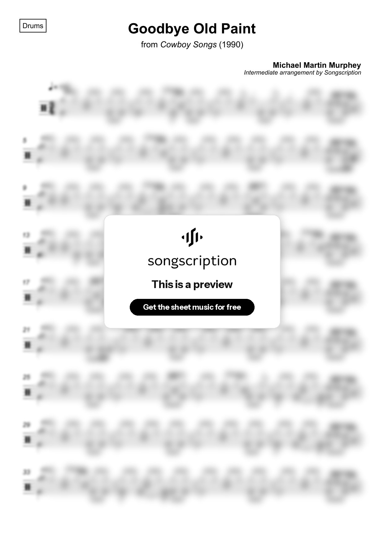 Intermediate Drums Sheet Music for "Goodbye Old Paint" by Michael Martin Murphey