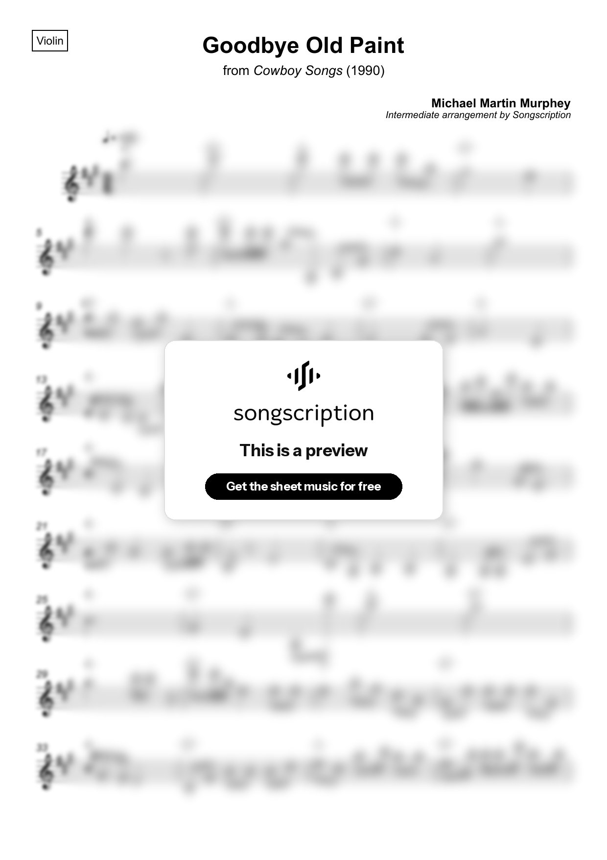 Intermediate Violin Sheet Music for "Goodbye Old Paint" by Michael Martin Murphey