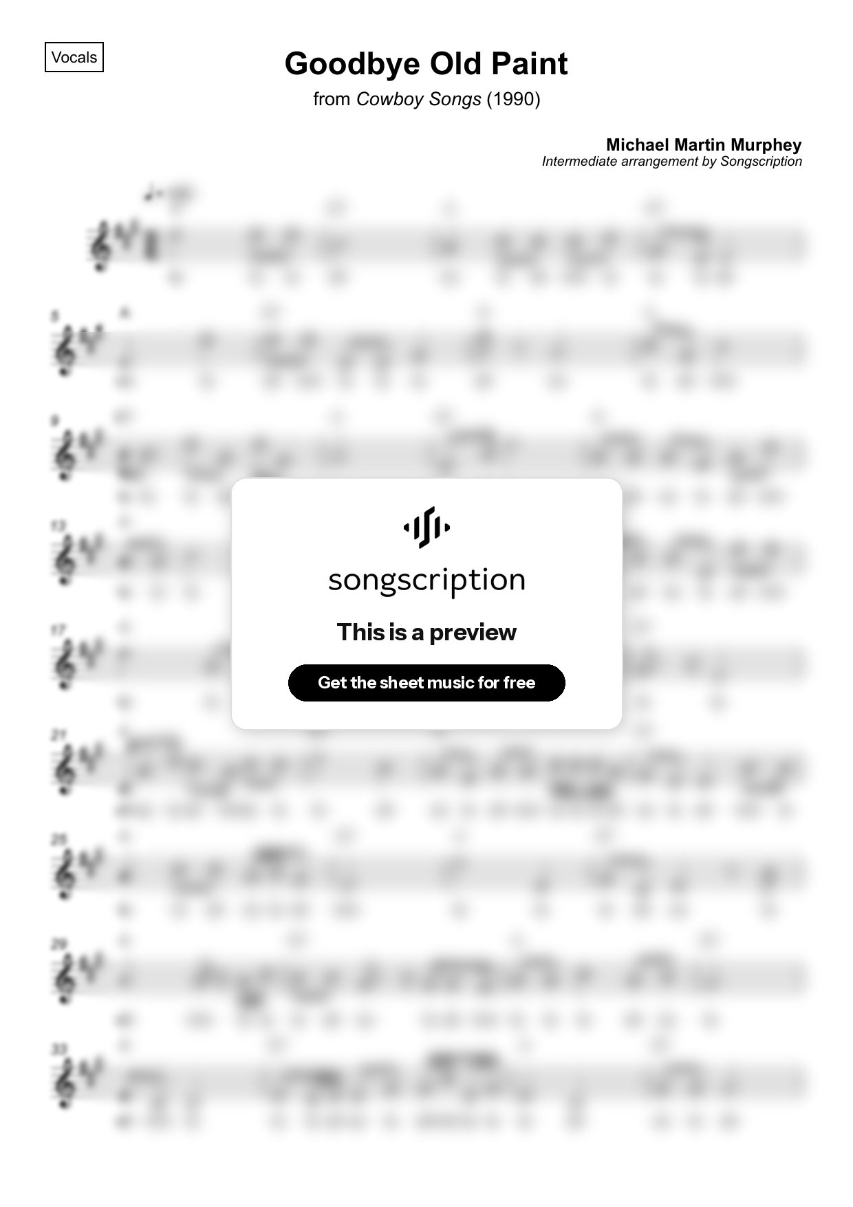 Intermediate Vocals Sheet Music for "Goodbye Old Paint" by Michael Martin Murphey