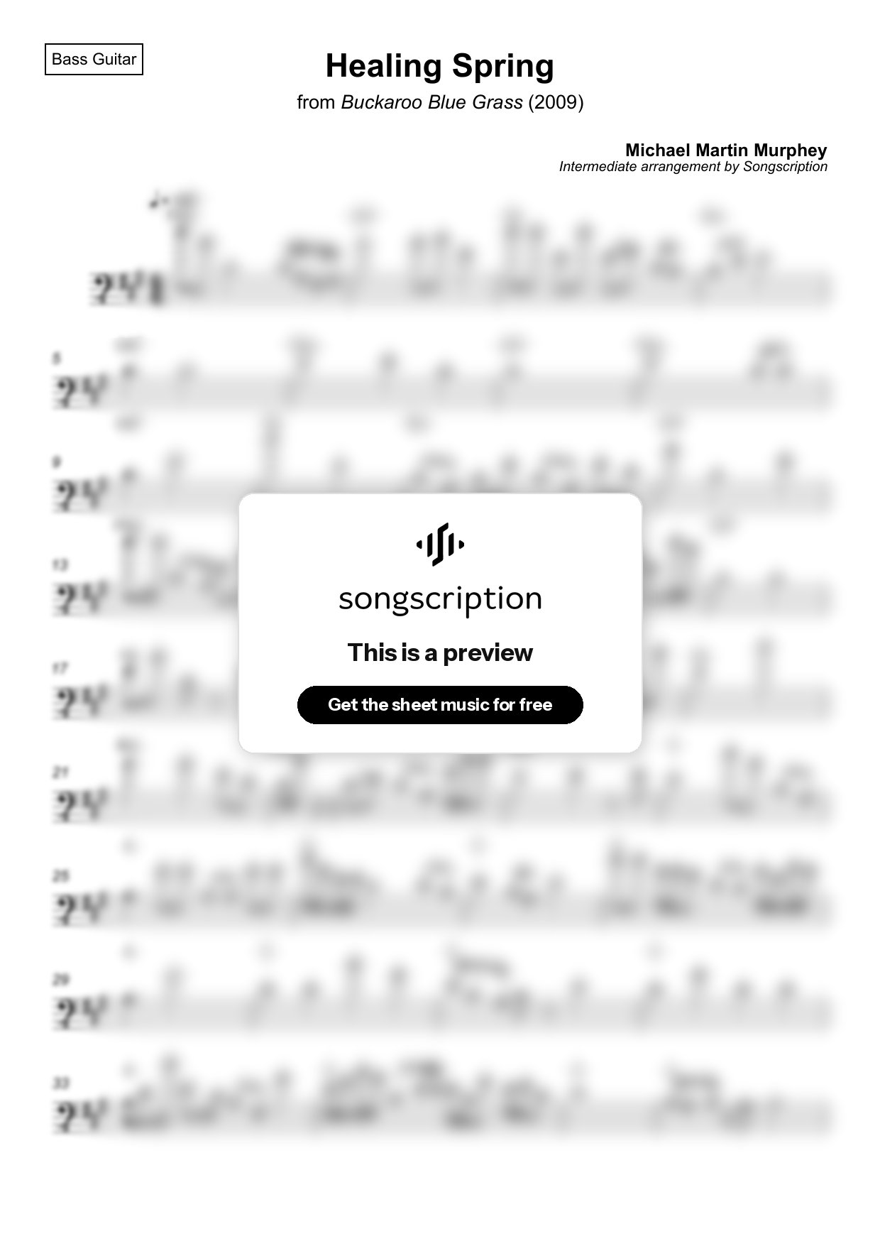 Intermediate Bass Guitar Sheet Music for "Healing Spring" by Michael Martin Murphey