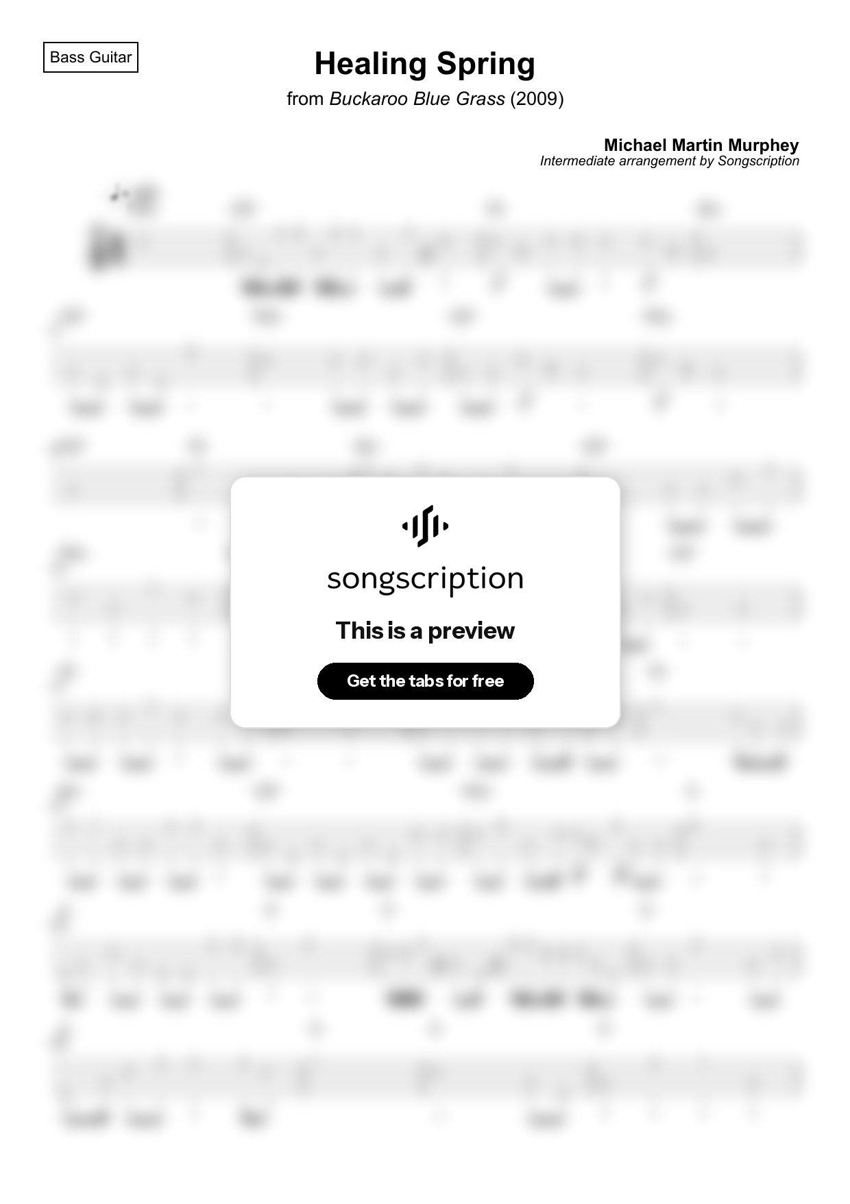 Intermediate Bass Guitar Tabs for "Healing Spring" by Michael Martin Murphey