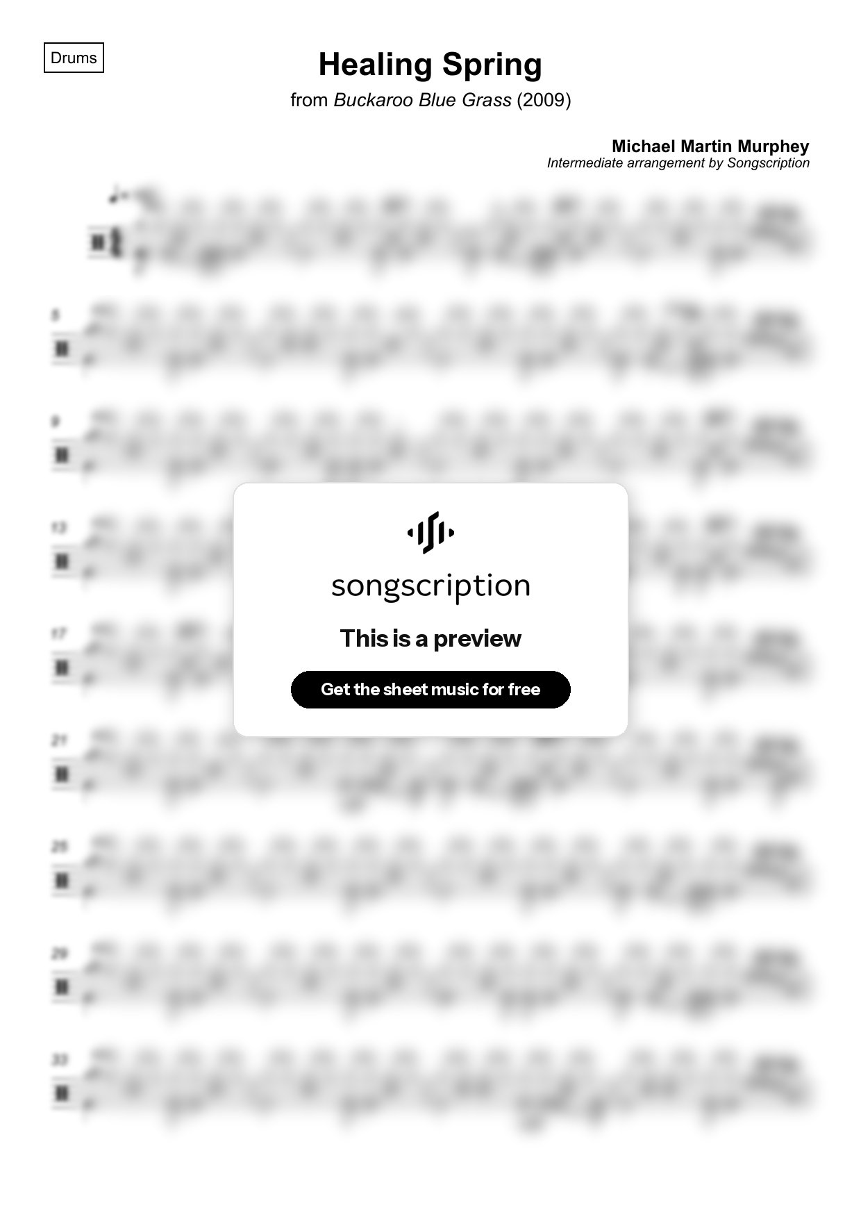 Intermediate Drums Sheet Music for "Healing Spring" by Michael Martin Murphey