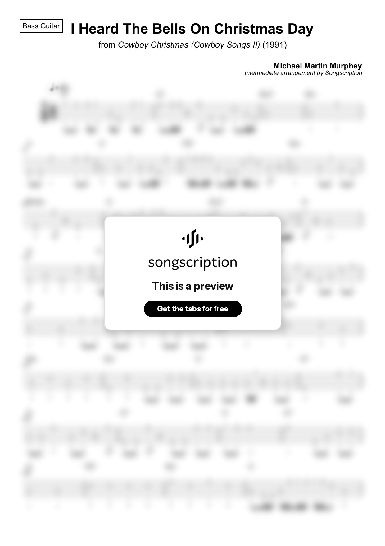 Intermediate Bass Guitar Tabs for "I Heard The Bells On Christmas Day" by Michael Martin Murphey