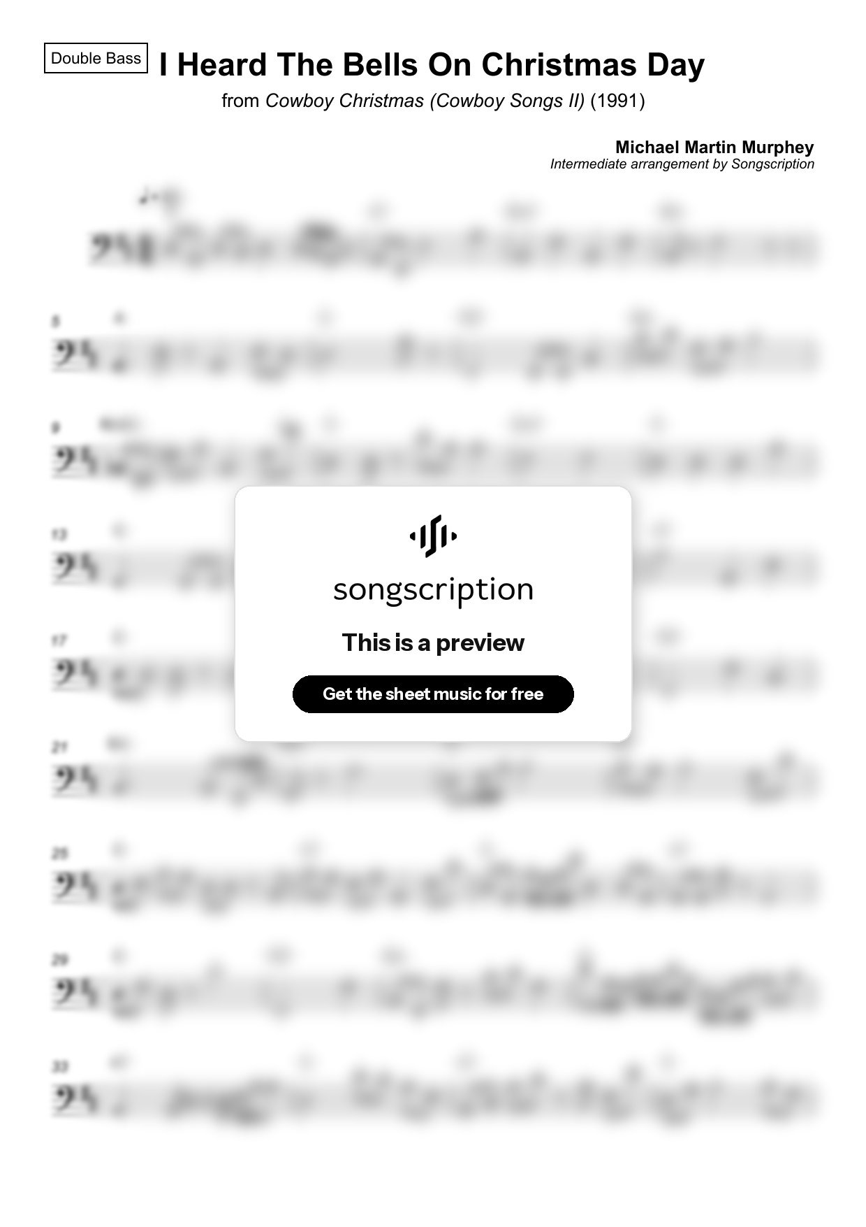 Intermediate Double Bass Sheet Music for "I Heard The Bells On Christmas Day" by Michael Martin Murphey