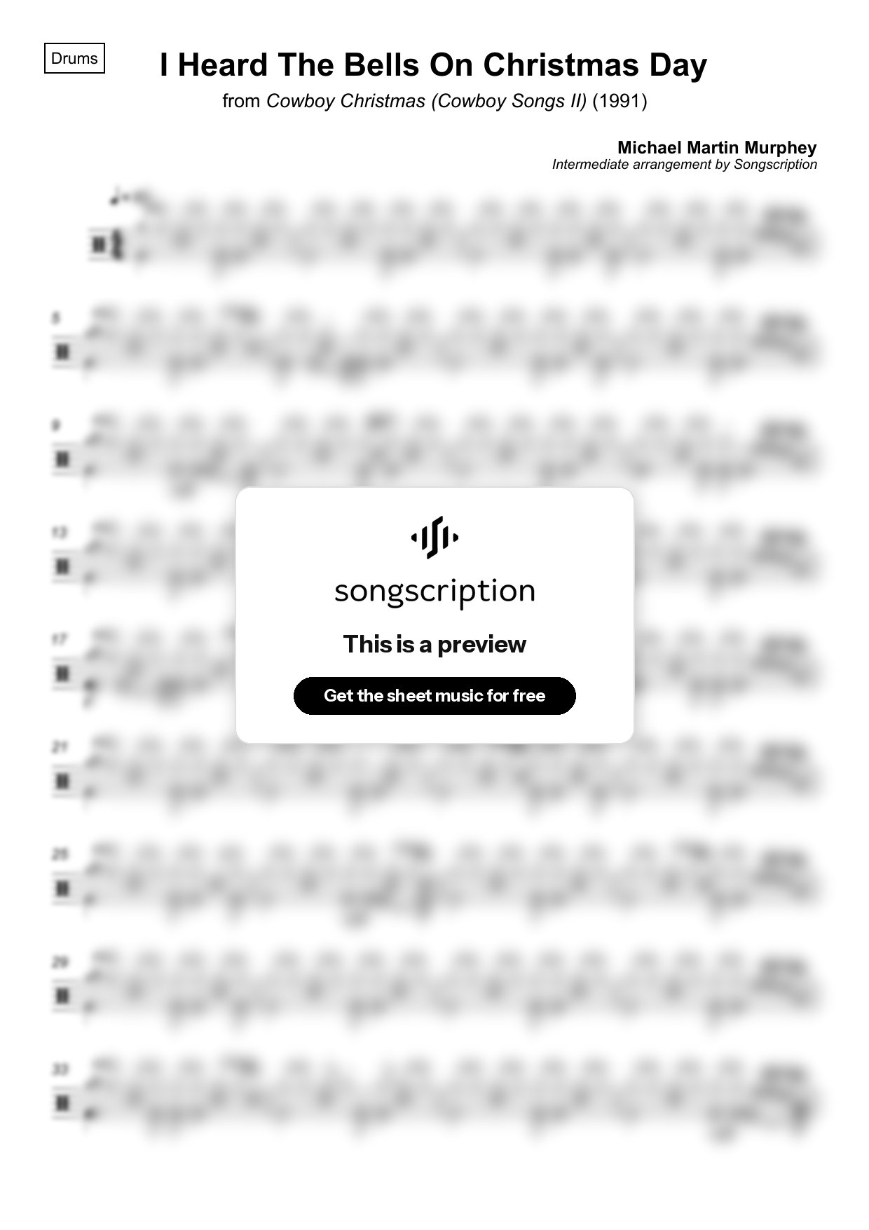 Intermediate Drums Sheet Music for "I Heard The Bells On Christmas Day" by Michael Martin Murphey