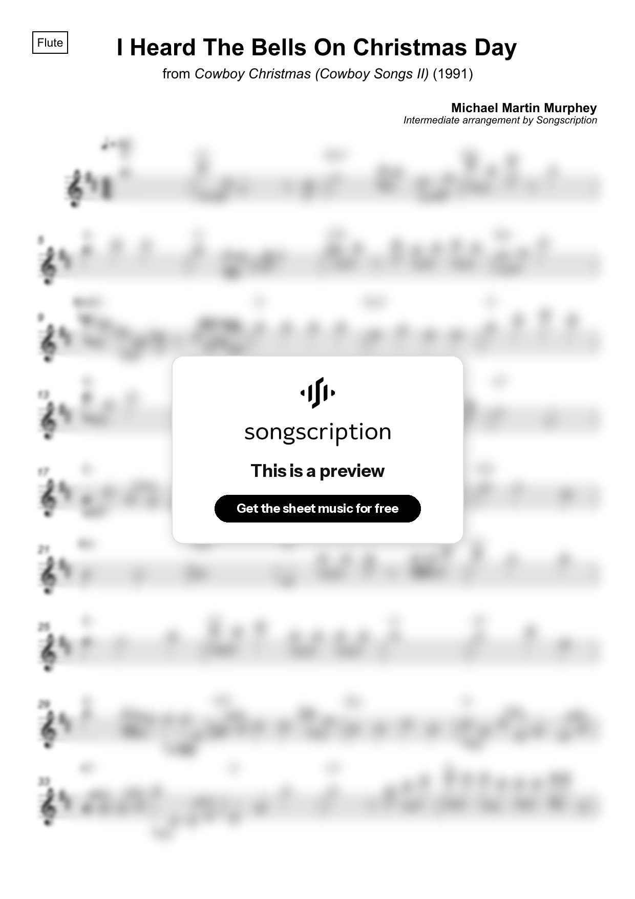 Intermediate Flute Sheet Music for "I Heard The Bells On Christmas Day" by Michael Martin Murphey