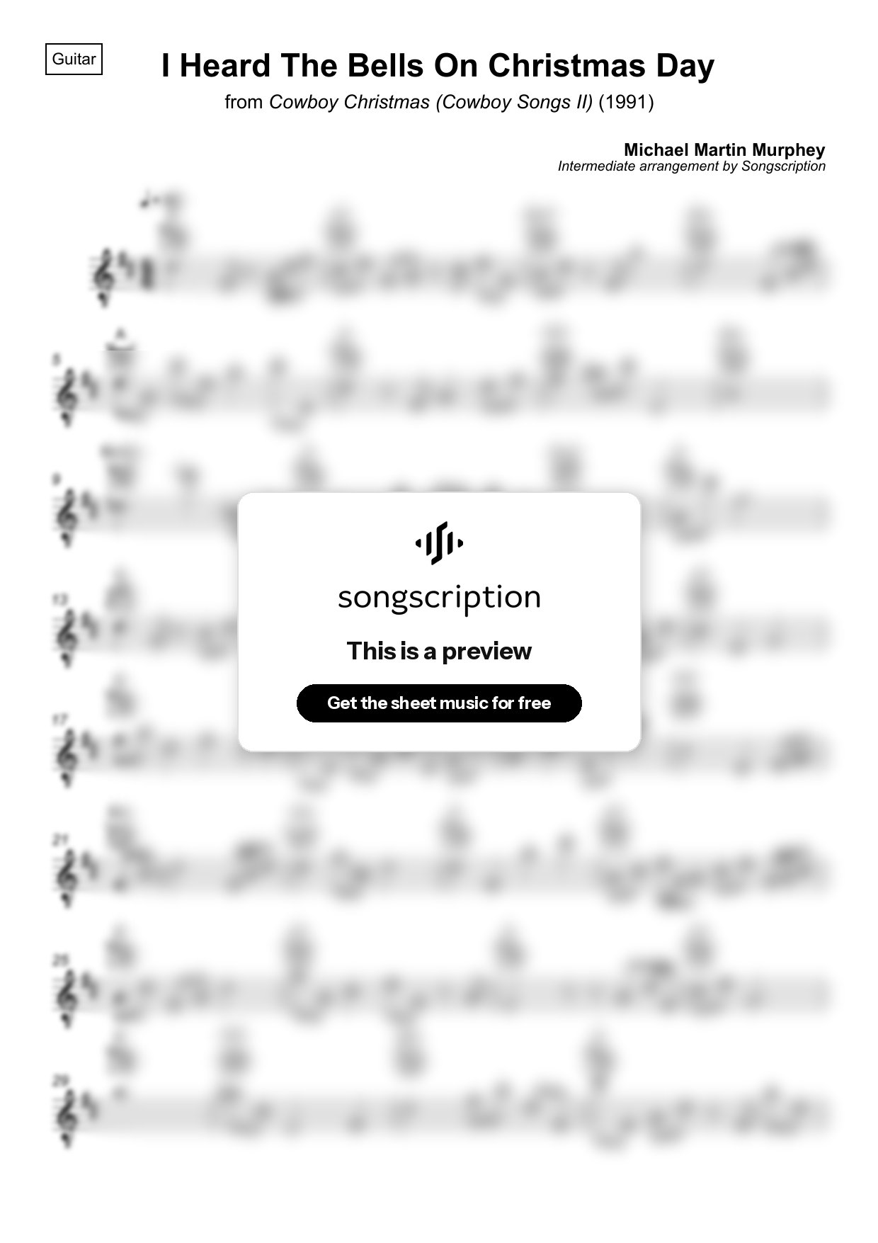Intermediate Acoustic Guitar Sheet Music for "I Heard The Bells On Christmas Day" by Michael Martin Murphey