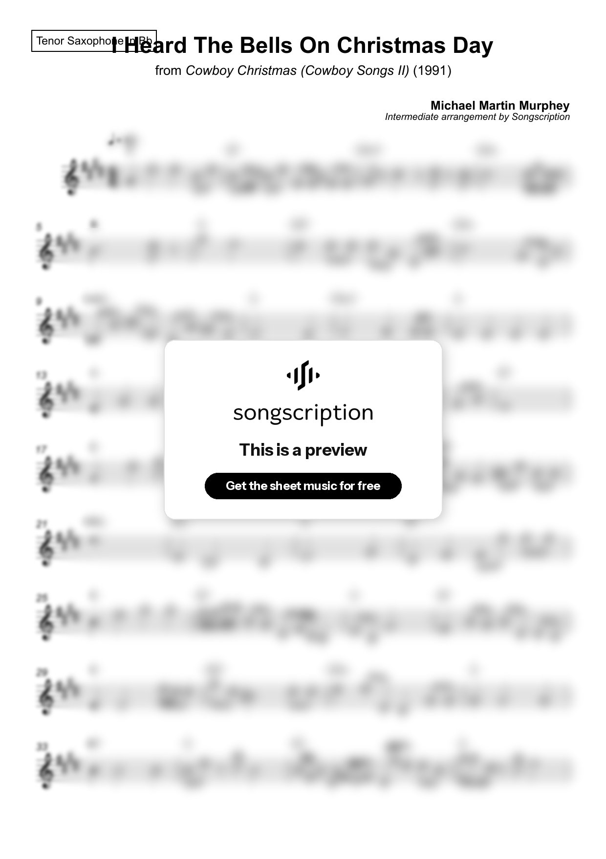 Intermediate Tenor Sax Sheet Music for "I Heard The Bells On Christmas Day" by Michael Martin Murphey
