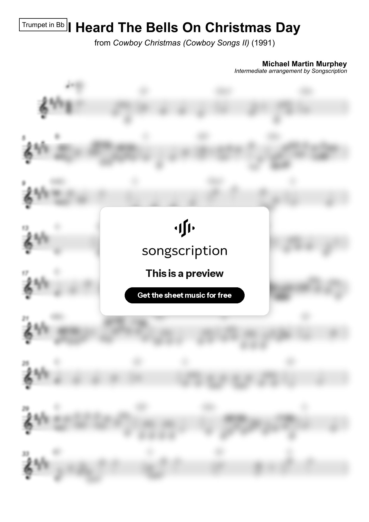 Intermediate Trumpet Sheet Music for "I Heard The Bells On Christmas Day" by Michael Martin Murphey