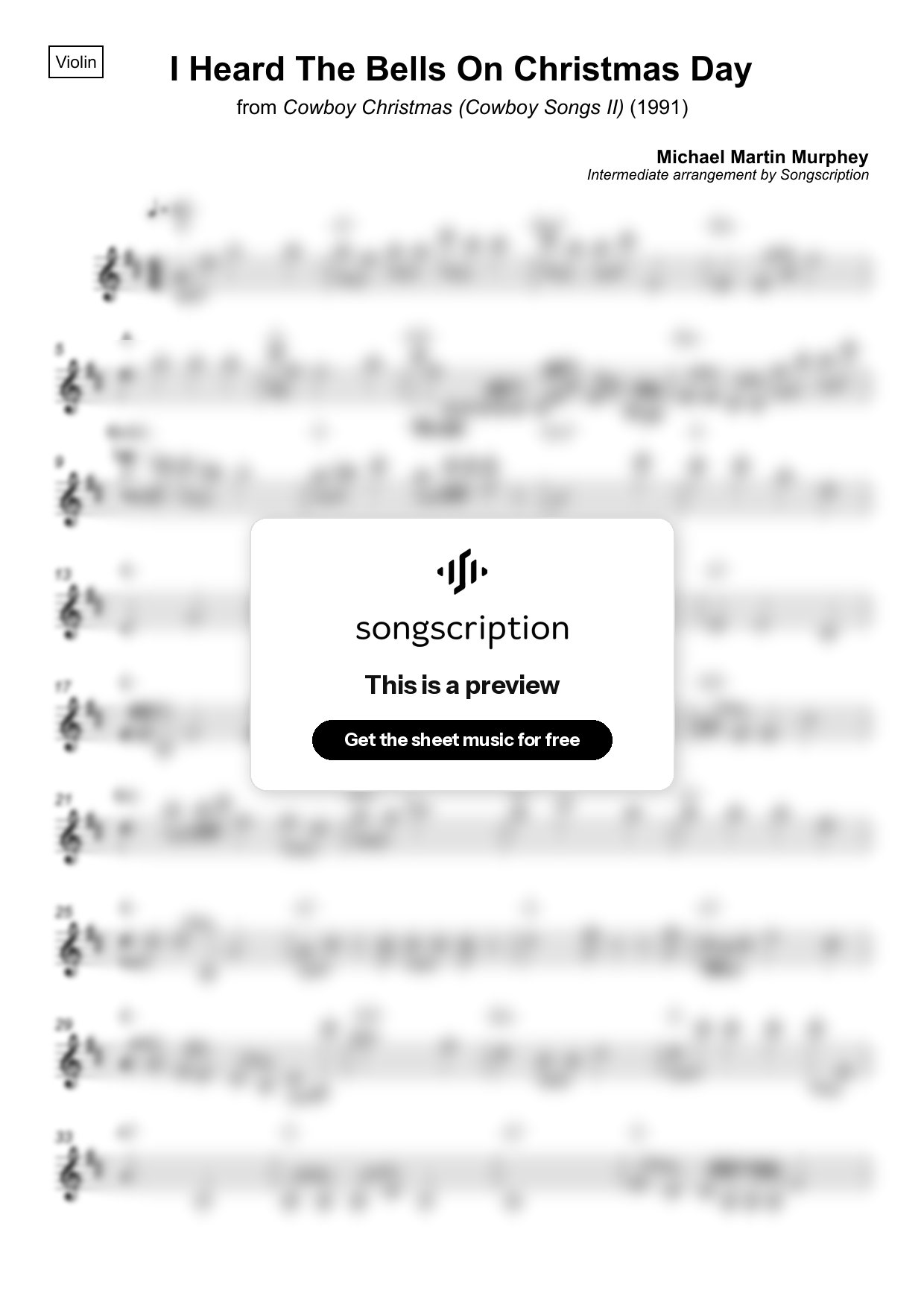 Intermediate Violin Sheet Music for "I Heard The Bells On Christmas Day" by Michael Martin Murphey