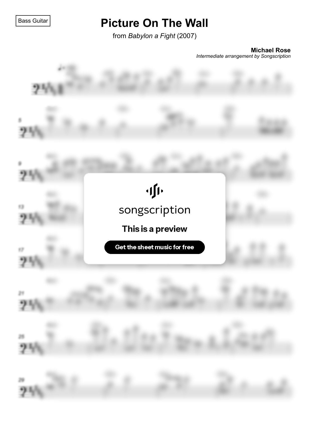 Intermediate Bass Guitar Sheet Music for "Picture On The Wall" by Michael Rose