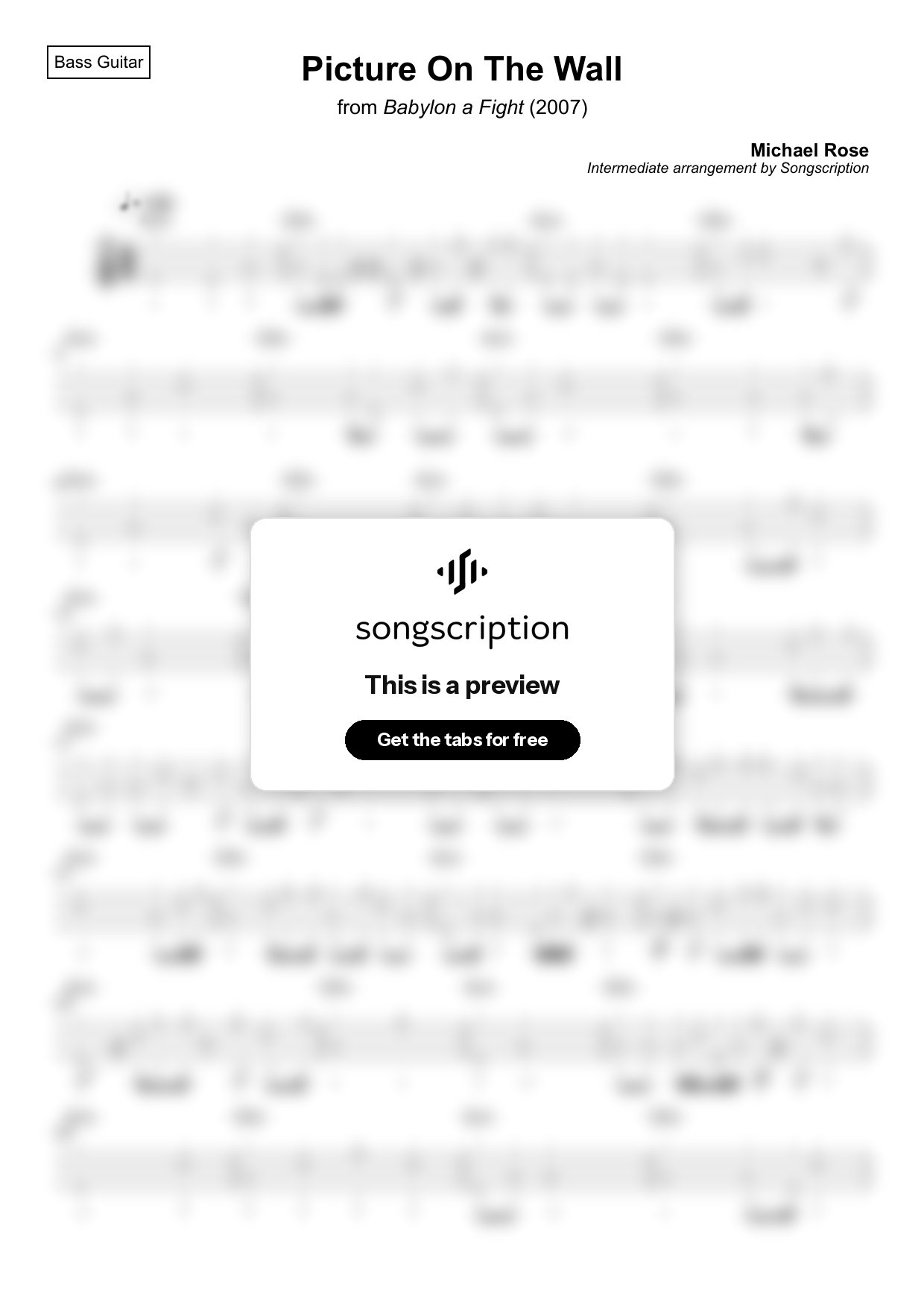 Intermediate Bass Guitar Tabs for "Picture On The Wall" by Michael Rose