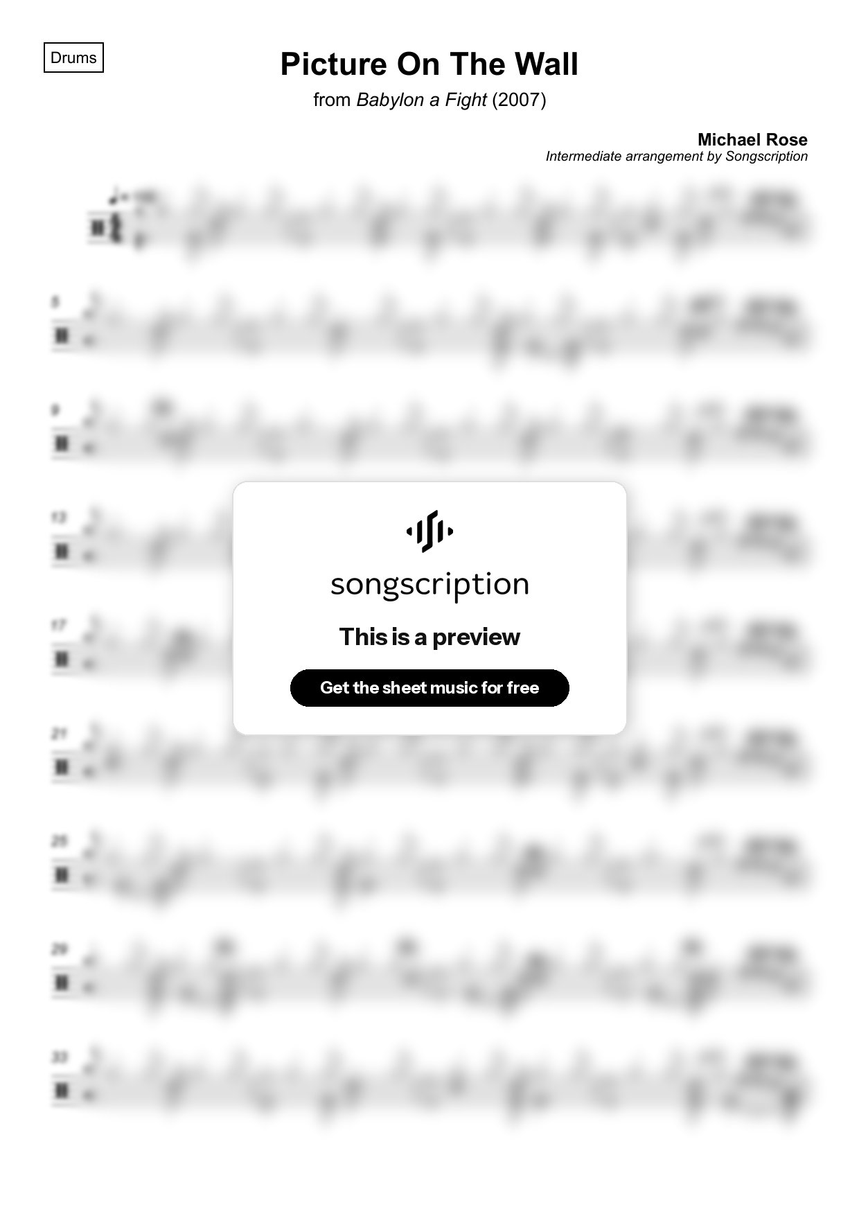 Intermediate Drums Sheet Music for "Picture On The Wall" by Michael Rose
