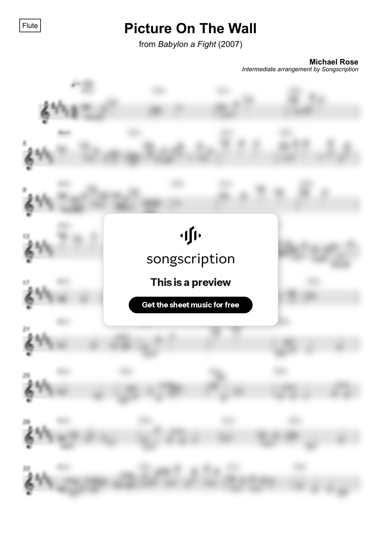 Intermediate Flute Sheet Music for "Picture On The Wall" by Michael Rose