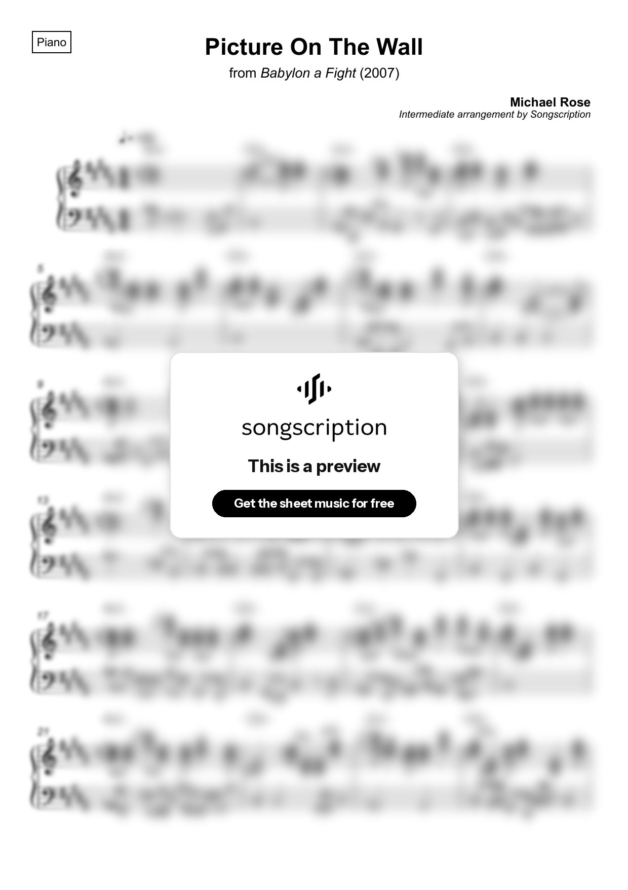 Intermediate Piano Sheet Music for "Picture On The Wall" by Michael Rose
